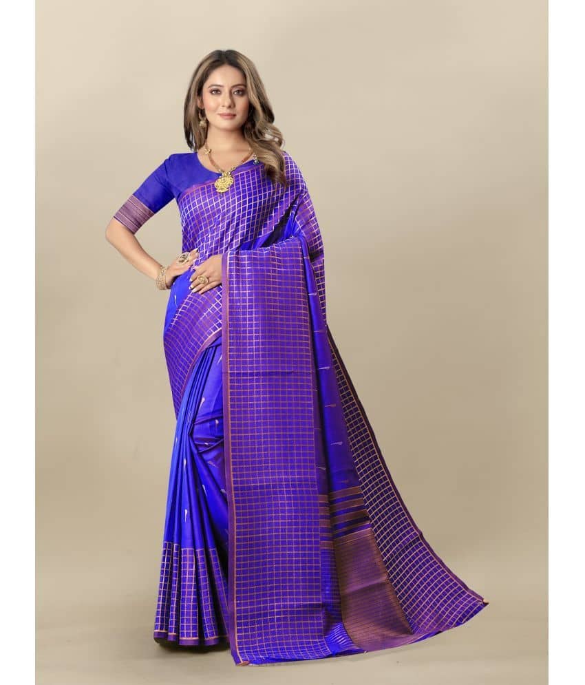 Gazal Fashions Banarasi Silk Checks Saree With Unstitched Blouse Piece ( Blue ) - Sarees | Buy online on ZillyBuy