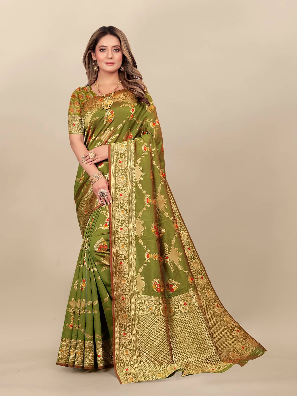 Gazal Fashions Banarasi Silk Embellished Saree With Unstitched Blouse Piece ( Green ) - Sarees | Buy online on ZillyBuy