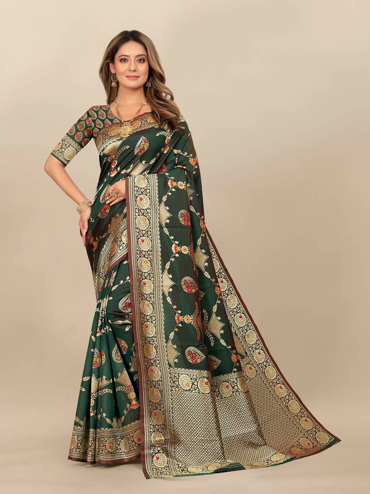 Gazal Fashions Banarasi Silk Embellished Saree With Unstitched Blouse Piece ( Multicolour ) Gazal Fashions Banarasi Silk Embellished Saree With Unstitched Blouse Piece ( Multicolour )