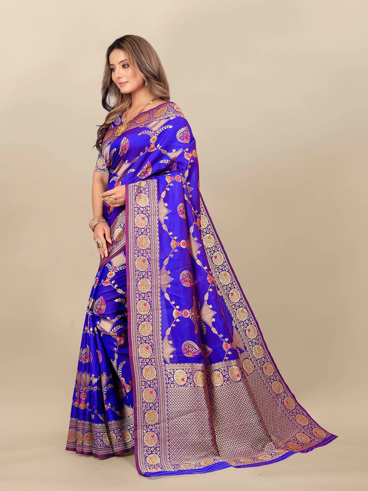 Gazal Fashions Banarasi Silk Printed Saree With Unstitched Blouse Piece ( Multicolour ) - Sarees | Buy online on ZillyBuy