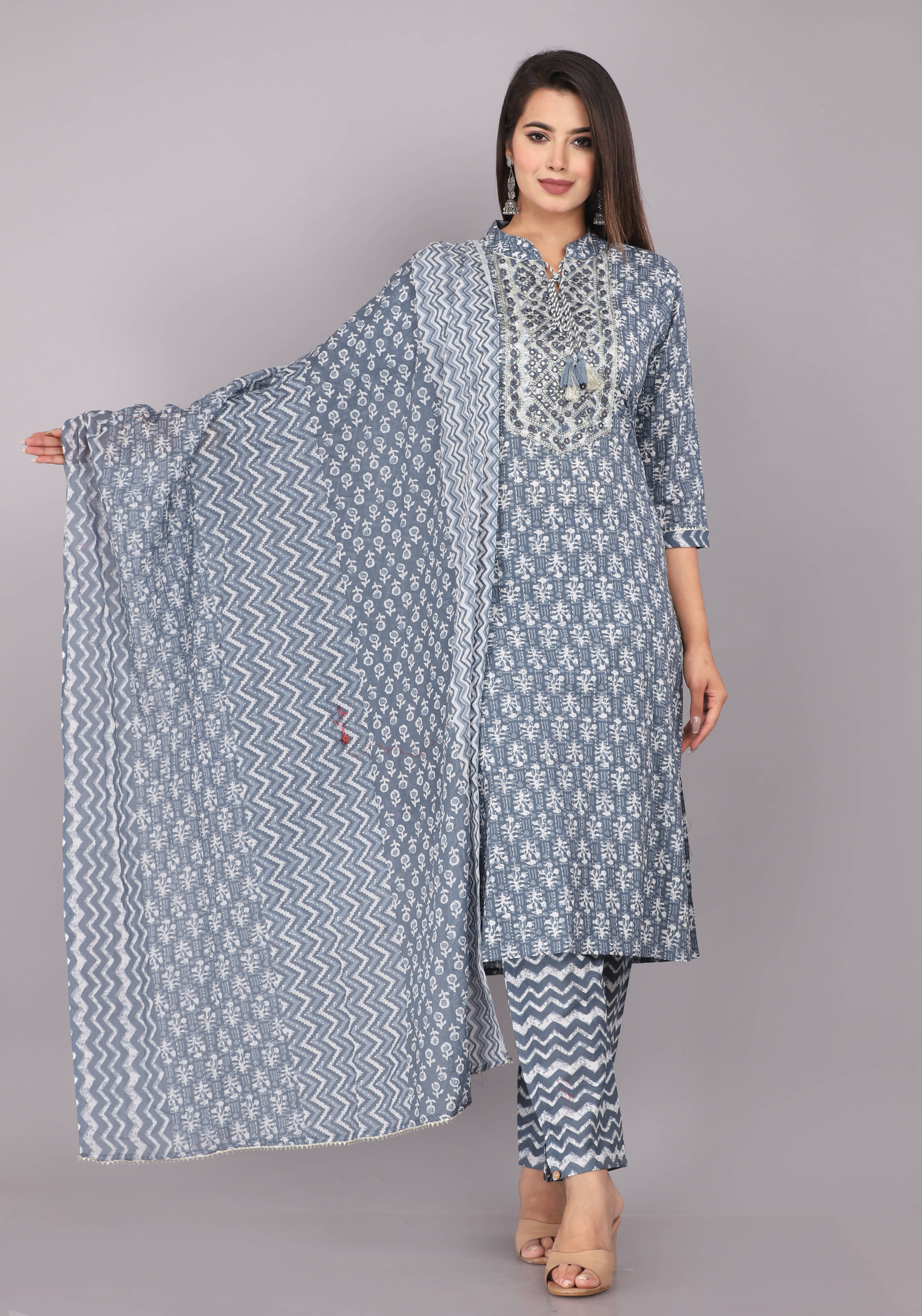 JC4U - Grey Straight Cotton Women's Stitched Salwar Suit ( Pack of 1 )