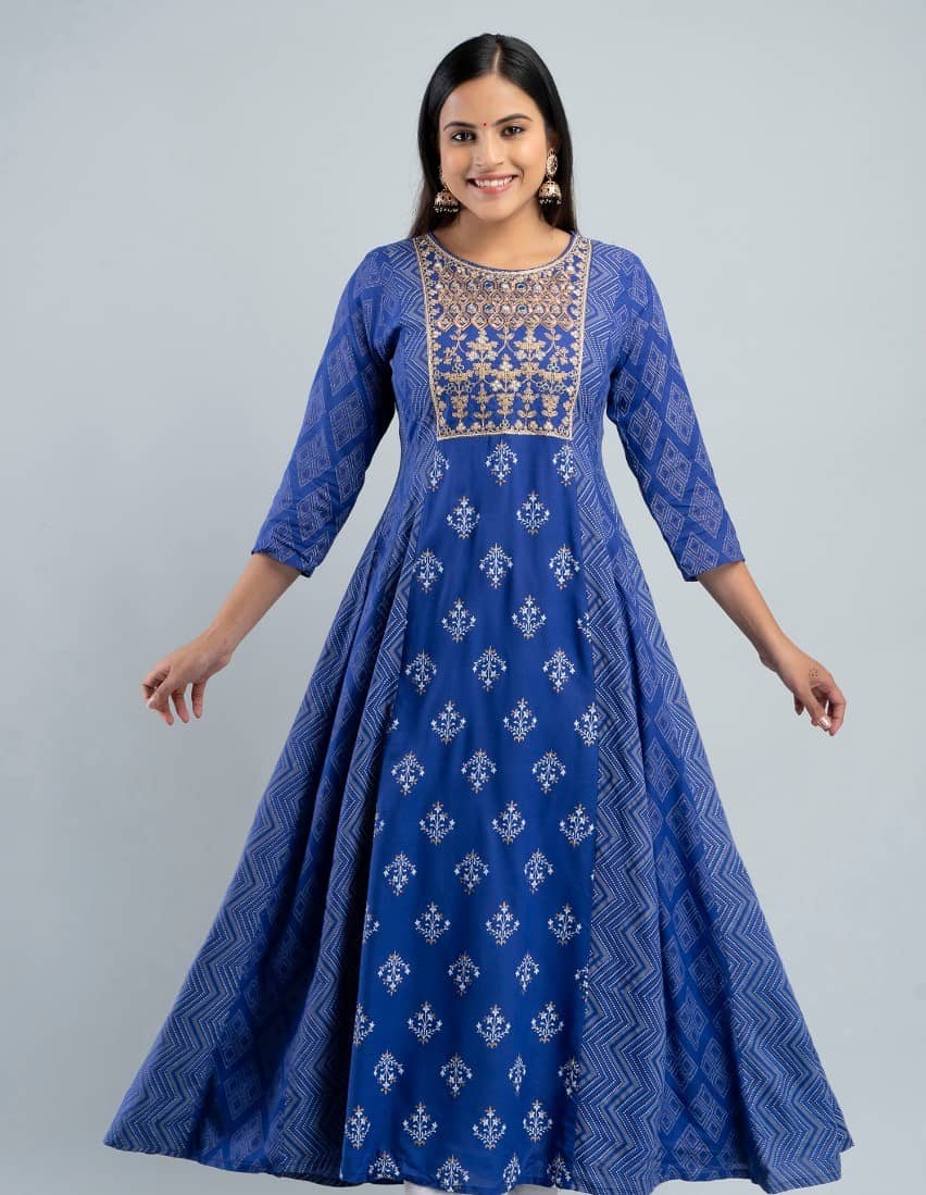 MAUKA - Blue Rayon Women's Anarkali Kurti ( Pack of 1 ) - Kurtis, Tunics | Buy online on ZillyBuy