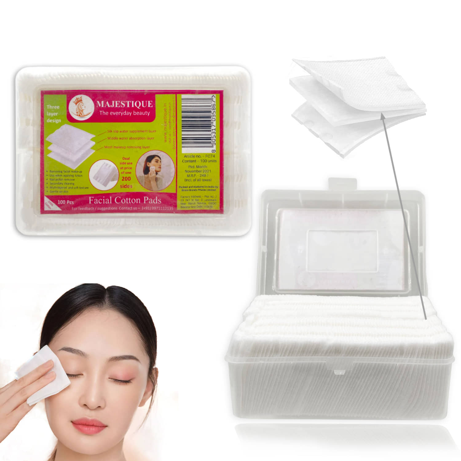 Majestique 100Pcs Soft Touch Facial Cotton Pads, Makeup Remover Wipes for Cleansing Skin
