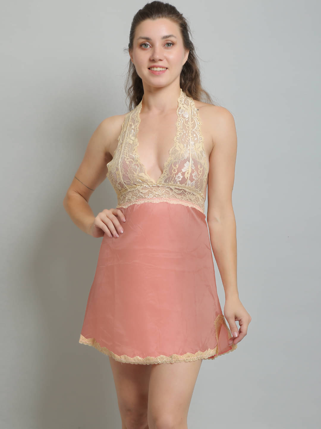 N-Gal - Peach Lycra Women's Nightwear Baby Doll Dresses With Panty ( Pack of 1 ) N-Gal - Peach Lycra Women's Nightwear Baby Doll Dresses With Panty ( Pack of 1 )