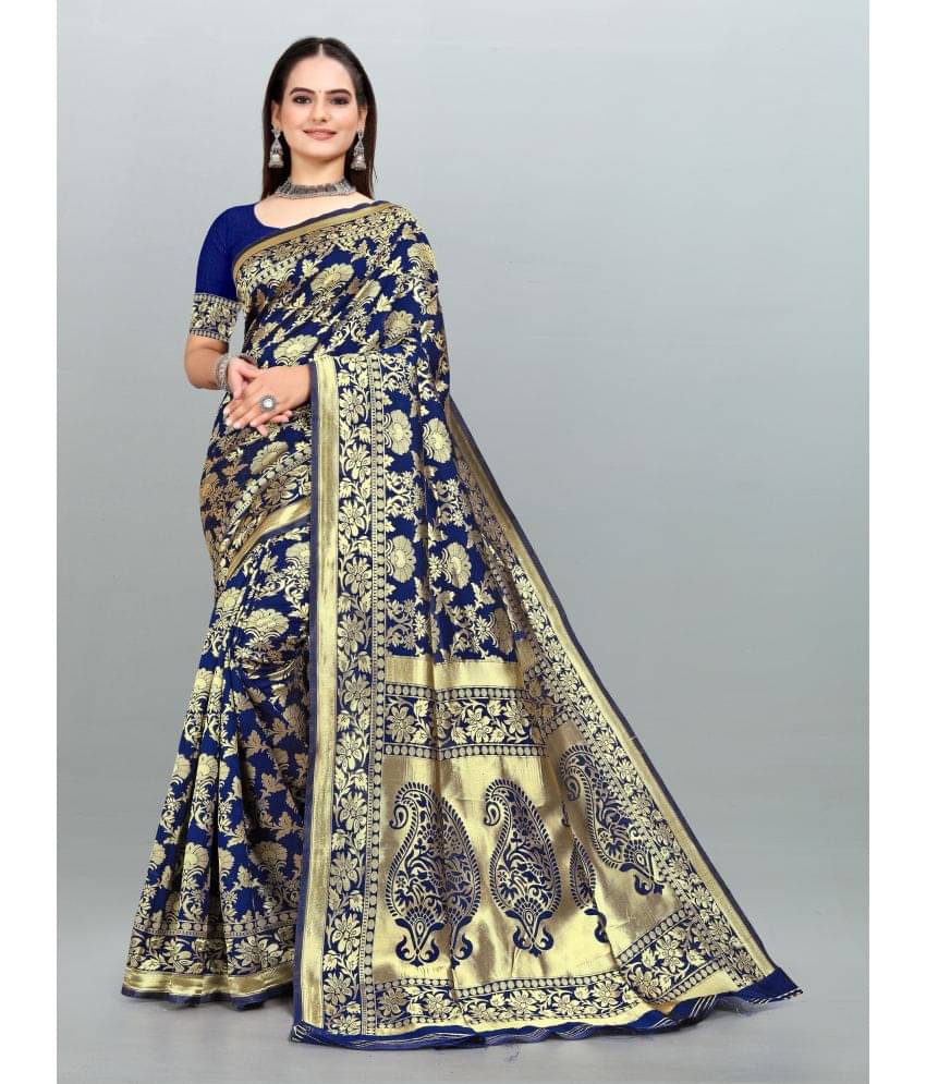     			Om Shantam Sarees Banarasi Silk Embellished Saree With Unstitched Blouse Piece ( Navy Blue )