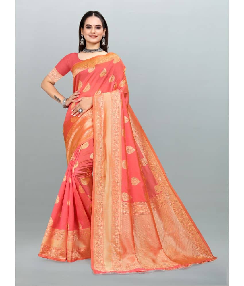 Om Shantam Sarees Banarasi Silk Embellished Saree With Unstitched Blouse Piece ( Pink ) - Sarees | Buy online on ZillyBuy