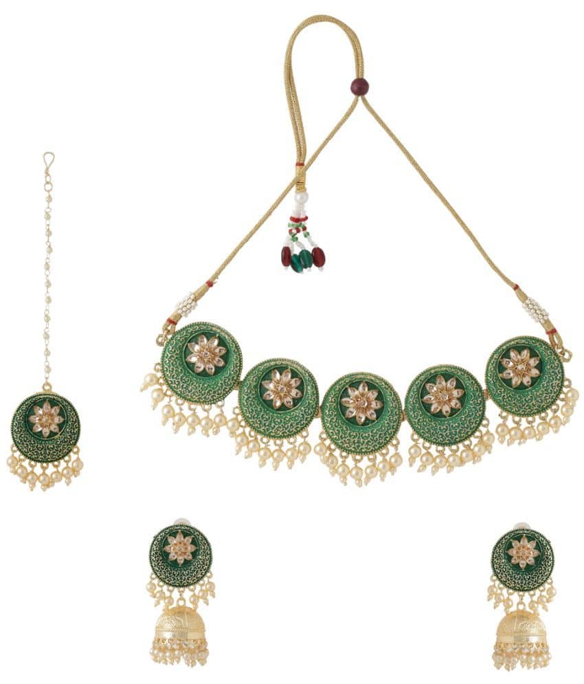 VIRAASI - Green Brass Necklace Set ( Pack of 1 )