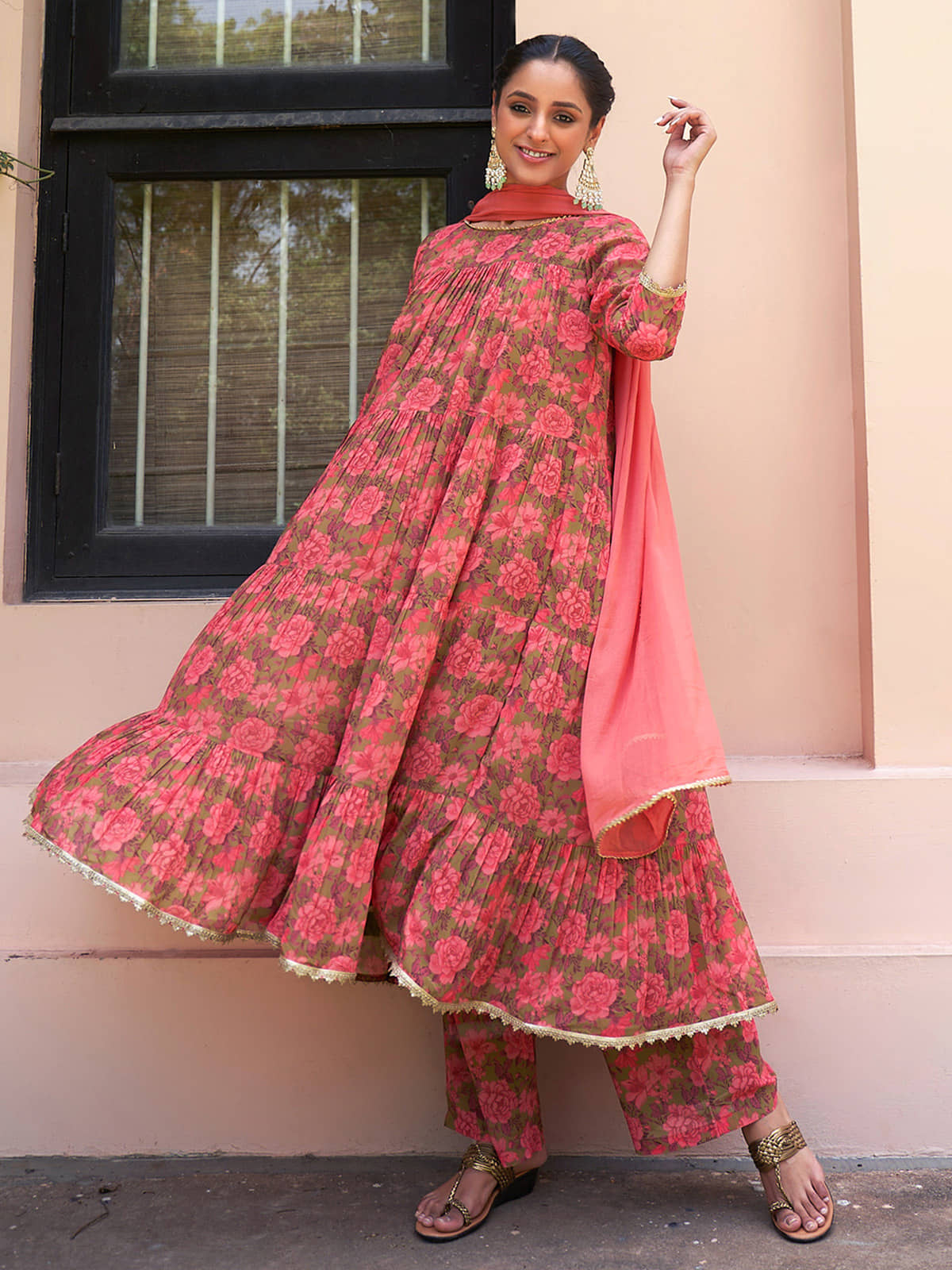 Janasya - Green Tiered Flared Georgette Women's Stitched Salwar Suit ( Pack of 1 )