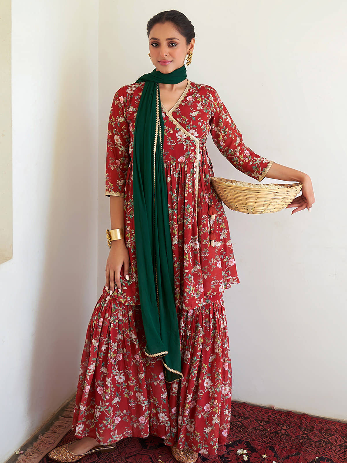 Janasya - Red Angrakha Georgette Women's Stitched Salwar Suit ( Pack of 1 )