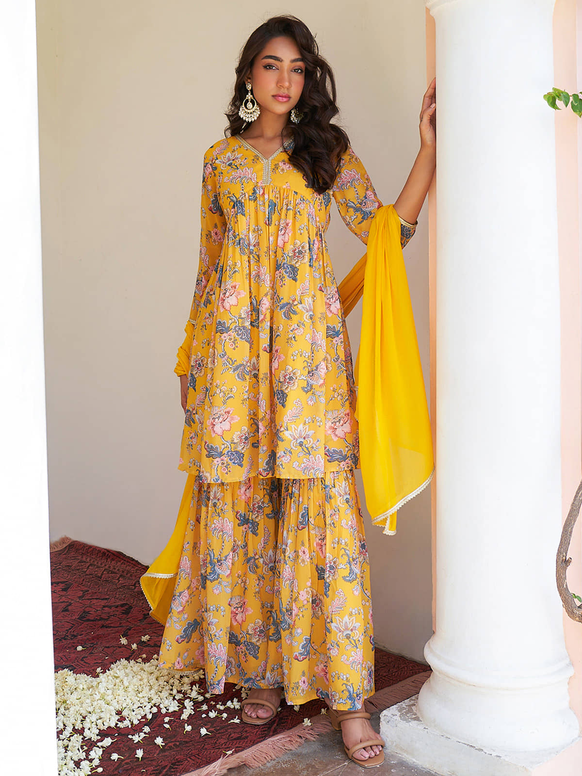 Janasya - Yellow Tiered Flared Georgette Women's Stitched Salwar Suit ( Pack of 1 )