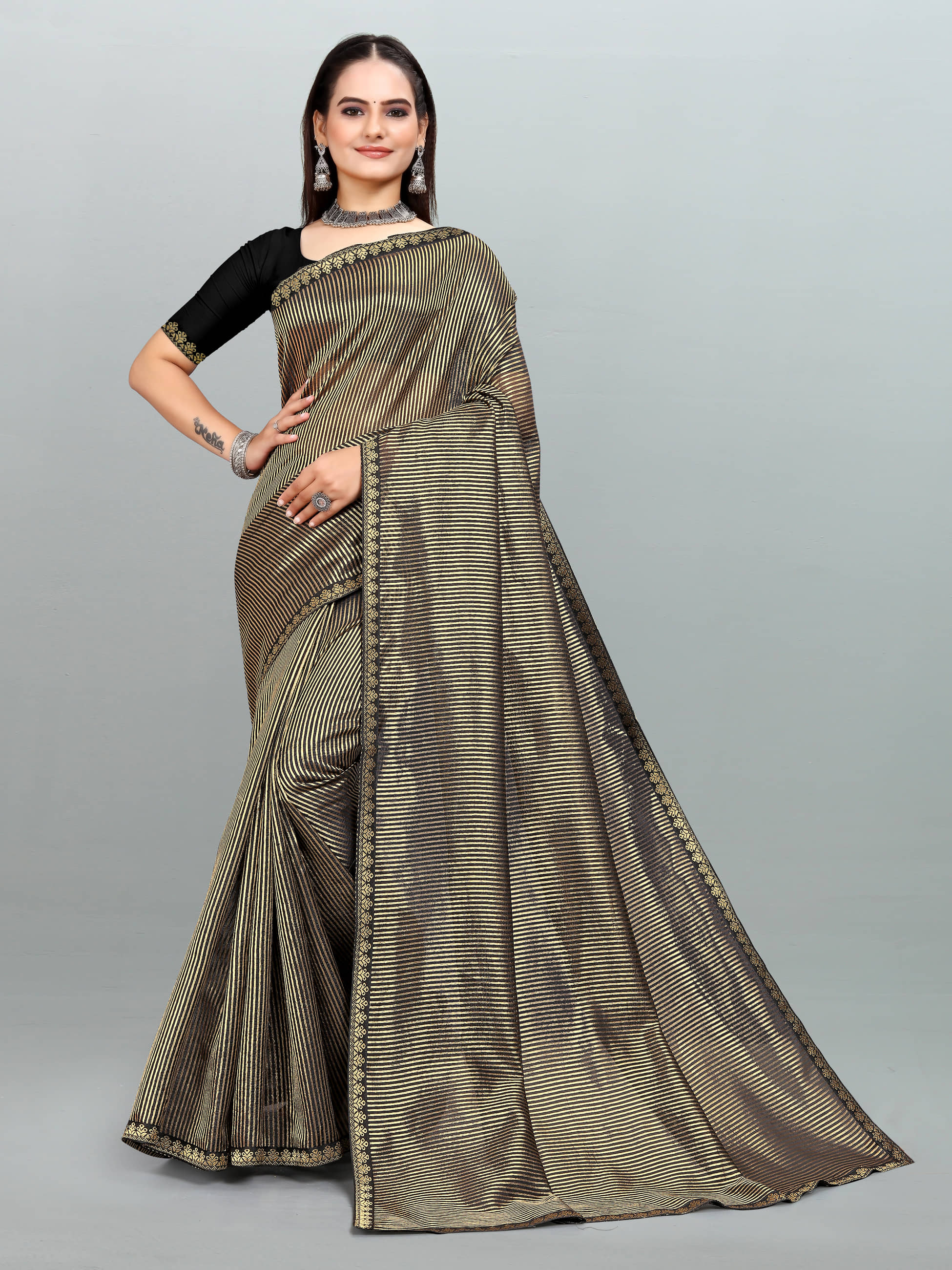 Om Shantam Sarees Organza Self Design Saree With Unstitched Blouse Piece ( Black ) - Sarees | Buy online on ZillyBuy