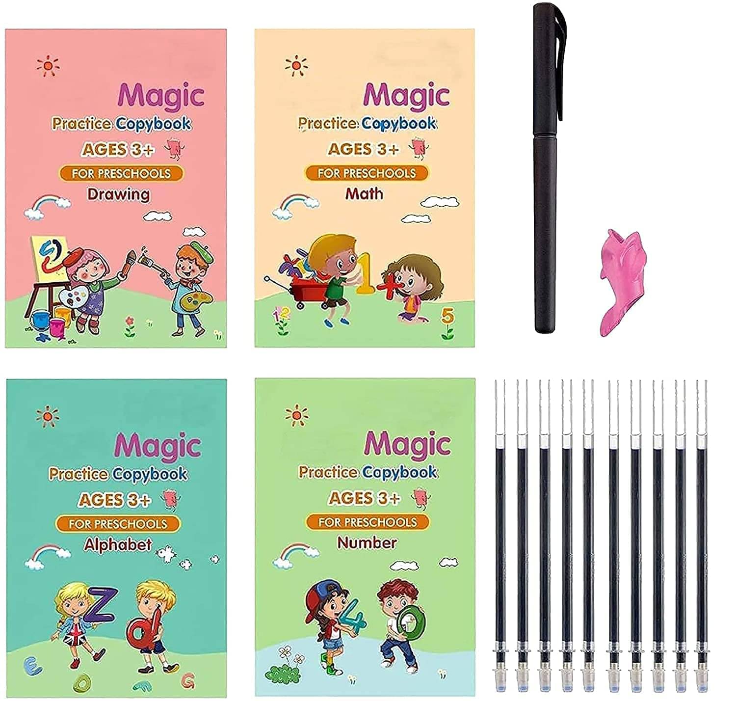     			Sank Magic Practice Copybook, (4 BOOK + 10 REFILL+ 1Pen +1 Grip) Number Tracing Book for Preschoolers with Pen, Magic Calligraphy Copybook