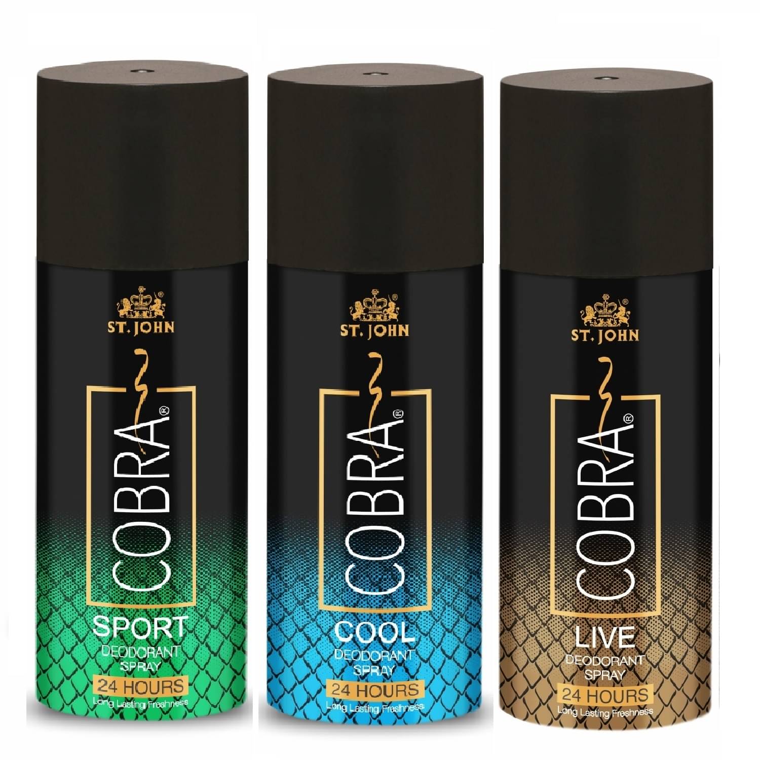 ST.JOHN Cobra Live,Cool & Sport Long Lasting Deodorant Spray for Men 150ml Each (450ml) - Pack of 3 ST.JOHN Cobra Live,Cool & Sport Long Lasting Deodorant Spray for Men 150ml Each (450ml) - Pack of 3