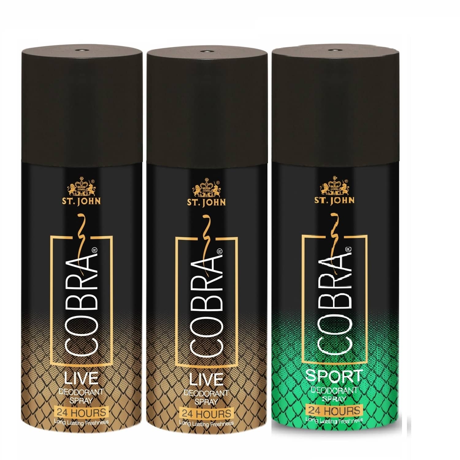 ST.JOHN Cobra Live 150ml*2 & Sport 150ml Deodorant Spray for Men (450ml) - Pack of 3