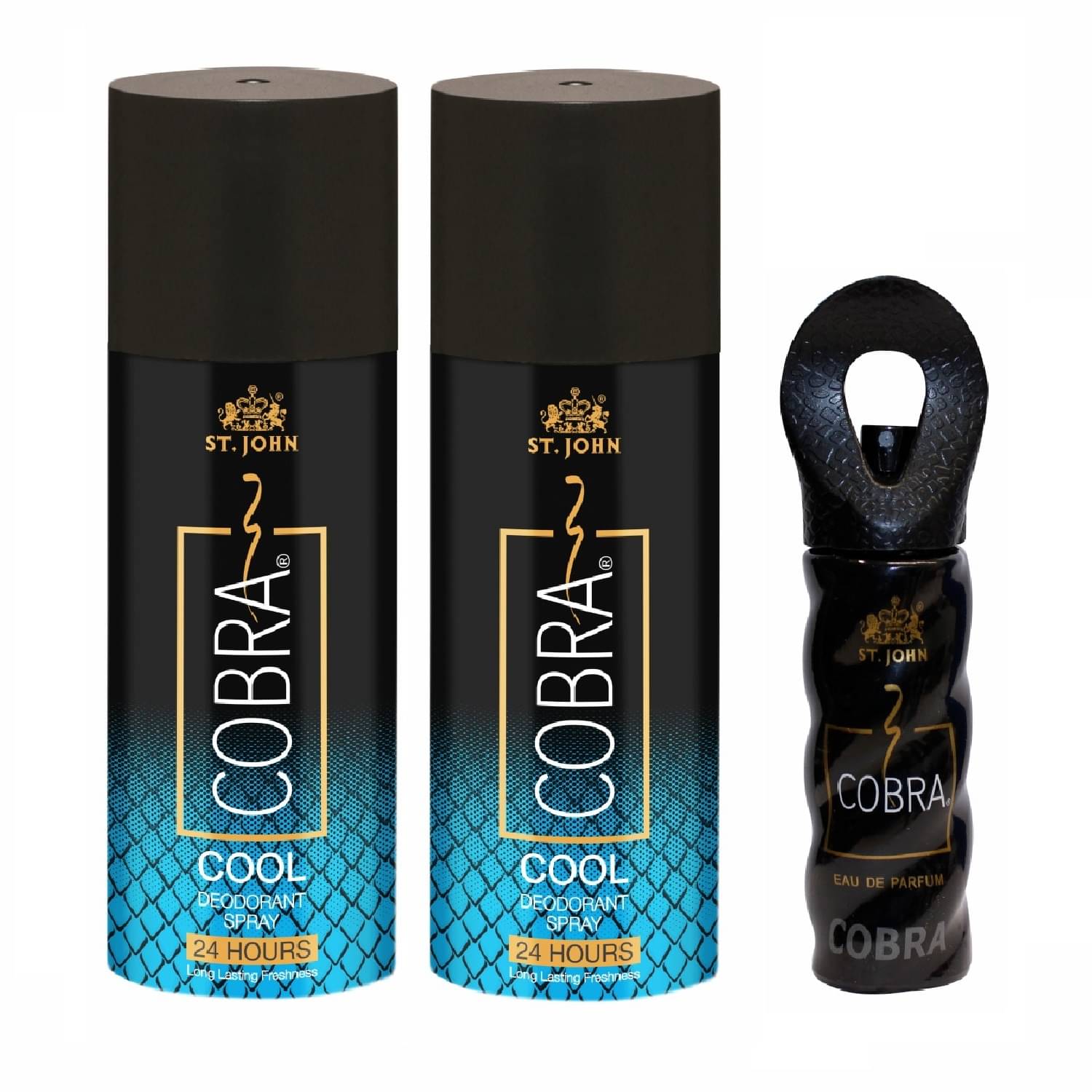 ST.JOHN Cobra Cool 150ml*2 & 15ml Perfume Deodorant Spray & Perfume for Men 315 ml - Pack of 3 ST.JOHN Cobra Cool 150ml*2 & 15ml Perfume Deodorant Spray & Perfume for Men 315 ml - Pack of 3