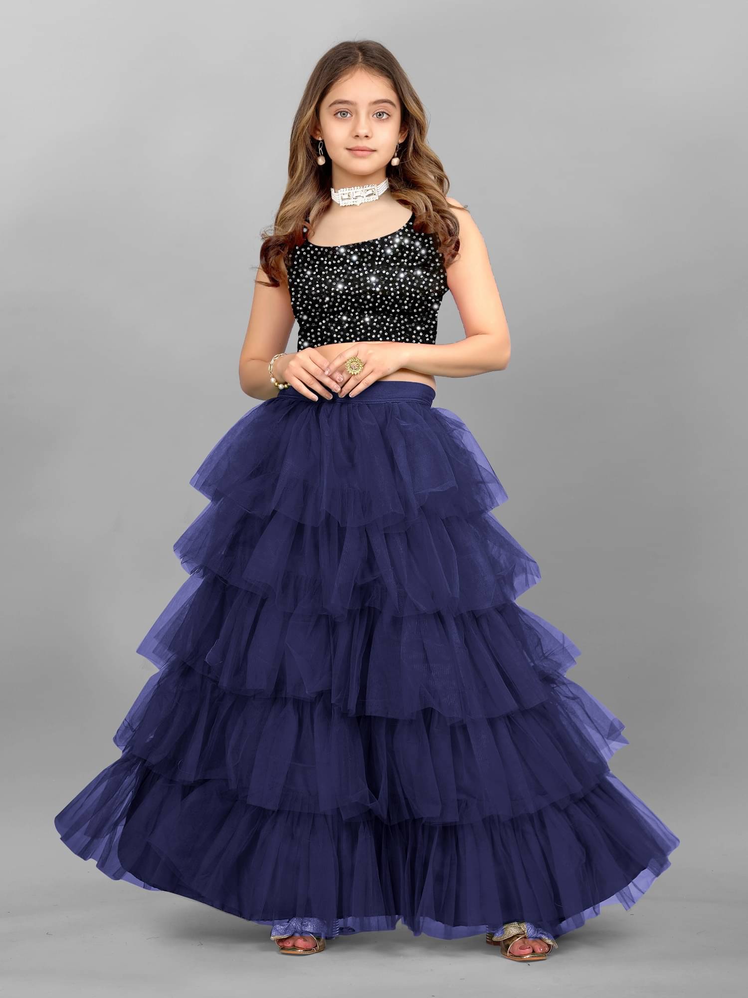     			JULEE Net Lehenga Skirt For Girls ( Pack of 1 , Navy Blue )