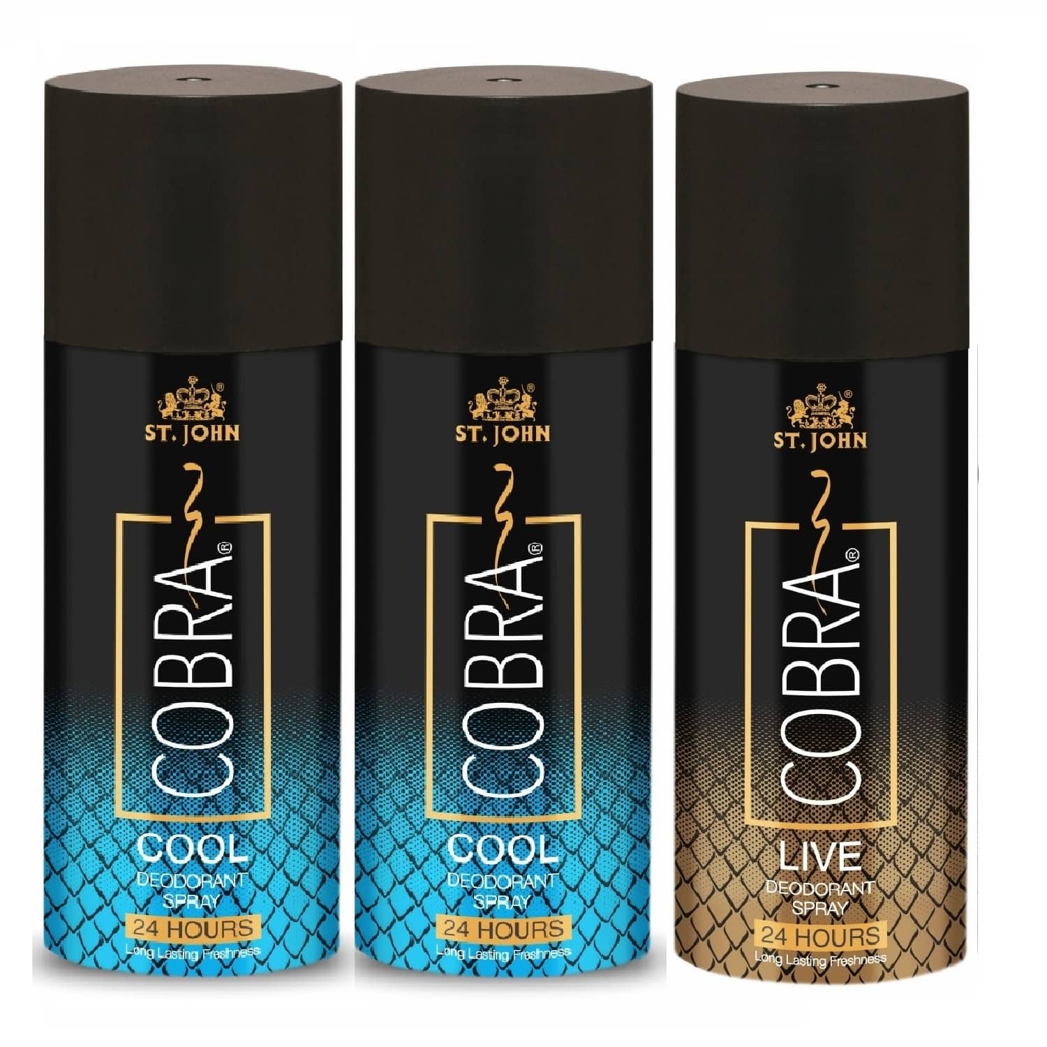 ST.JOHN Cobra Cool 150ml*2 & Live 150ml Long-Lasting Deodorant Spray for Men (450ml) - Pack of 3