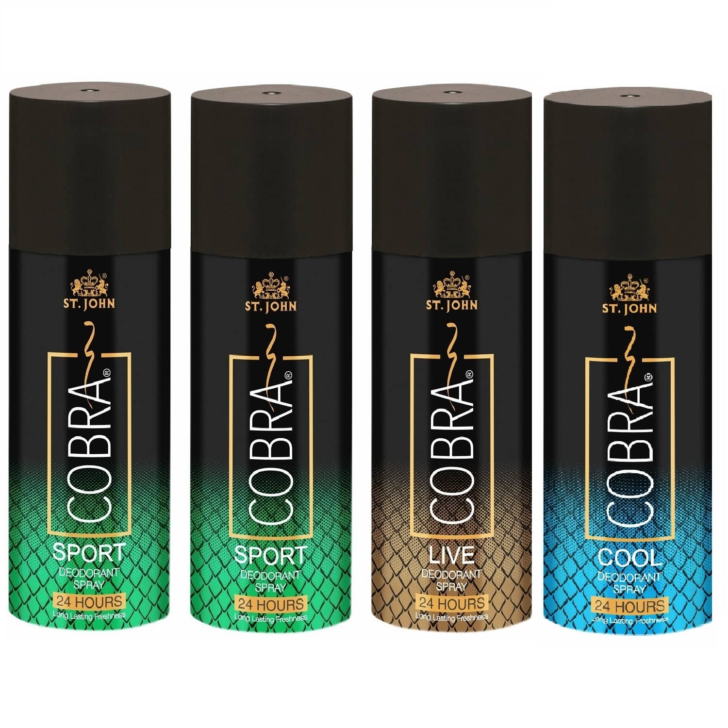 ST.JOHN Cobra Sport 150ml*2 & Live, Cool 150ml Each Deodorant Spray for Men (600ml) Pack of 4