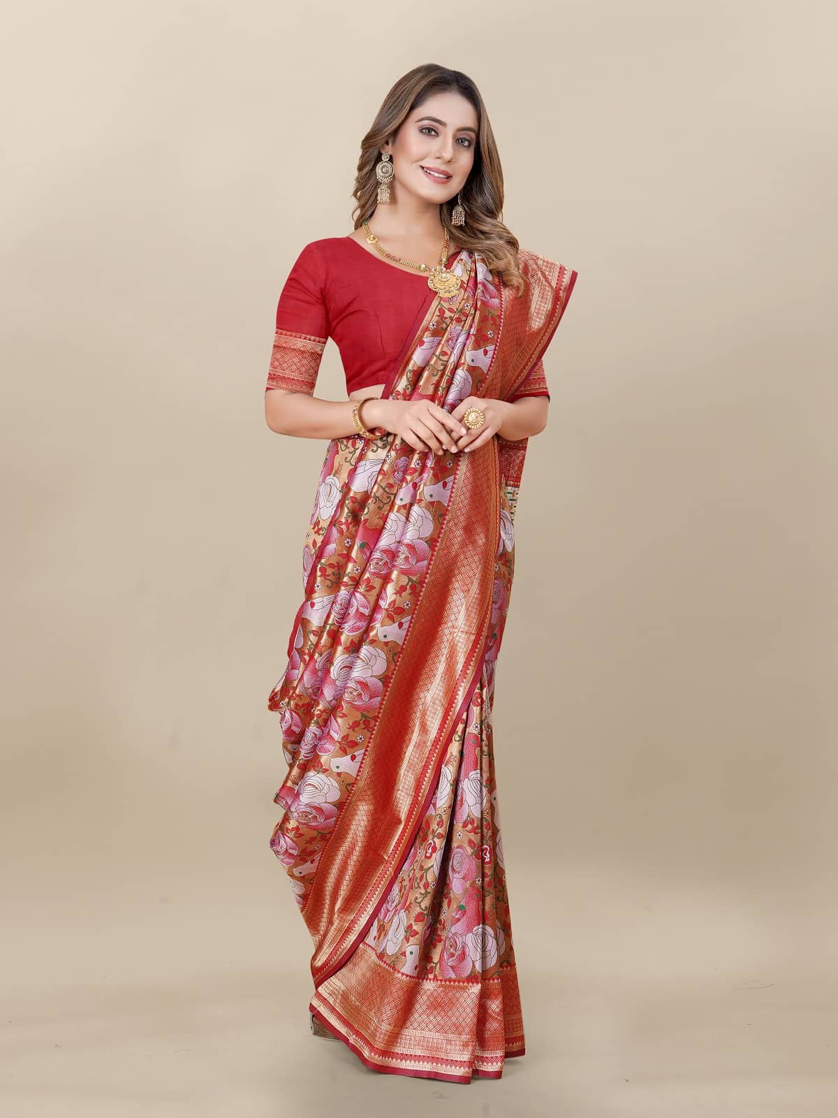 Gazal Fashions Banarasi Silk Printed Saree With Unstitched Blouse Piece ( Multicolor ) - Sarees | Buy online on ZillyBuy