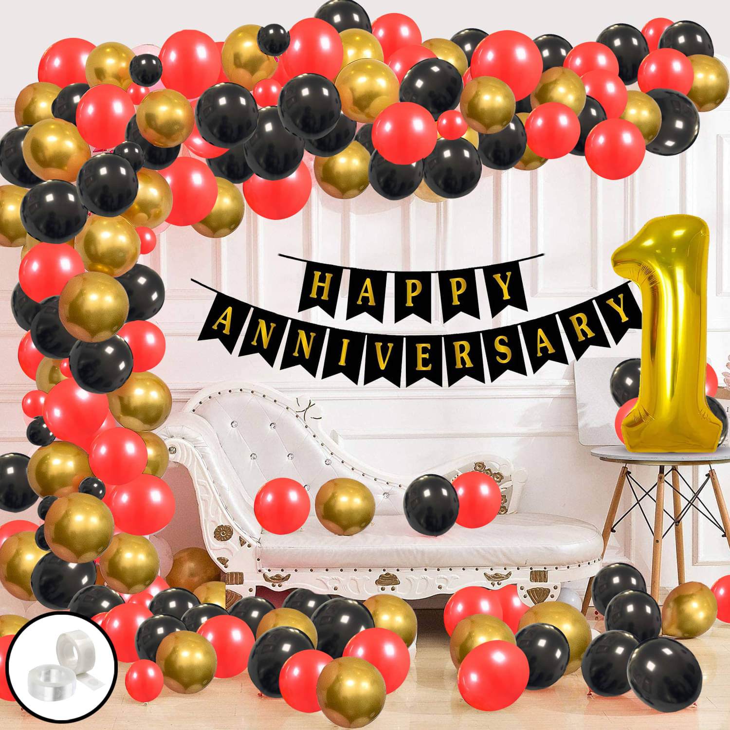     			Zyozi 1st Anniversary Party Decoration Combo- Black Banner,Foil Balloon, Gold Red Black Balloons With Glue Dot/Happy Anniversary Decoration Kit (Pack of 55)