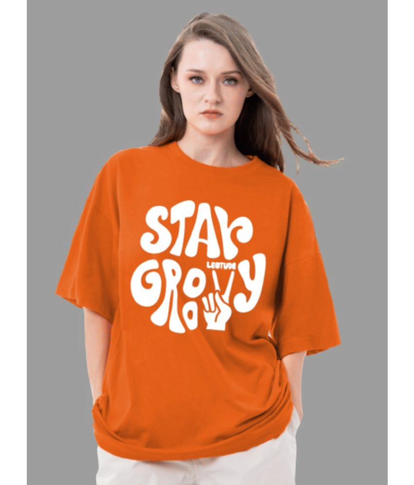 Leotude Women Cotton Blend Printed Oversized Fit Round Neck T-Shirt ( Orange )