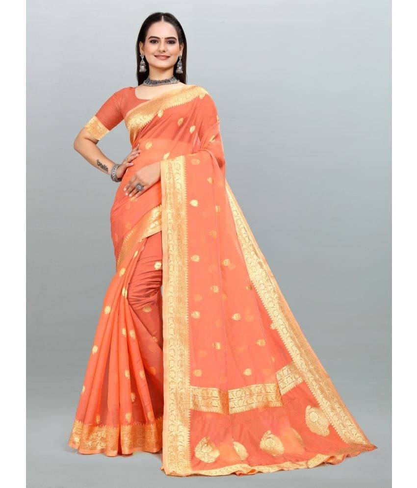 Om Shantam Sarees Organza Self Design Saree With Unstitched Blouse Piece ( Peach )     			Om Shantam Sarees Organza Self Design Saree With Unstitched Blouse Piece ( Peach )