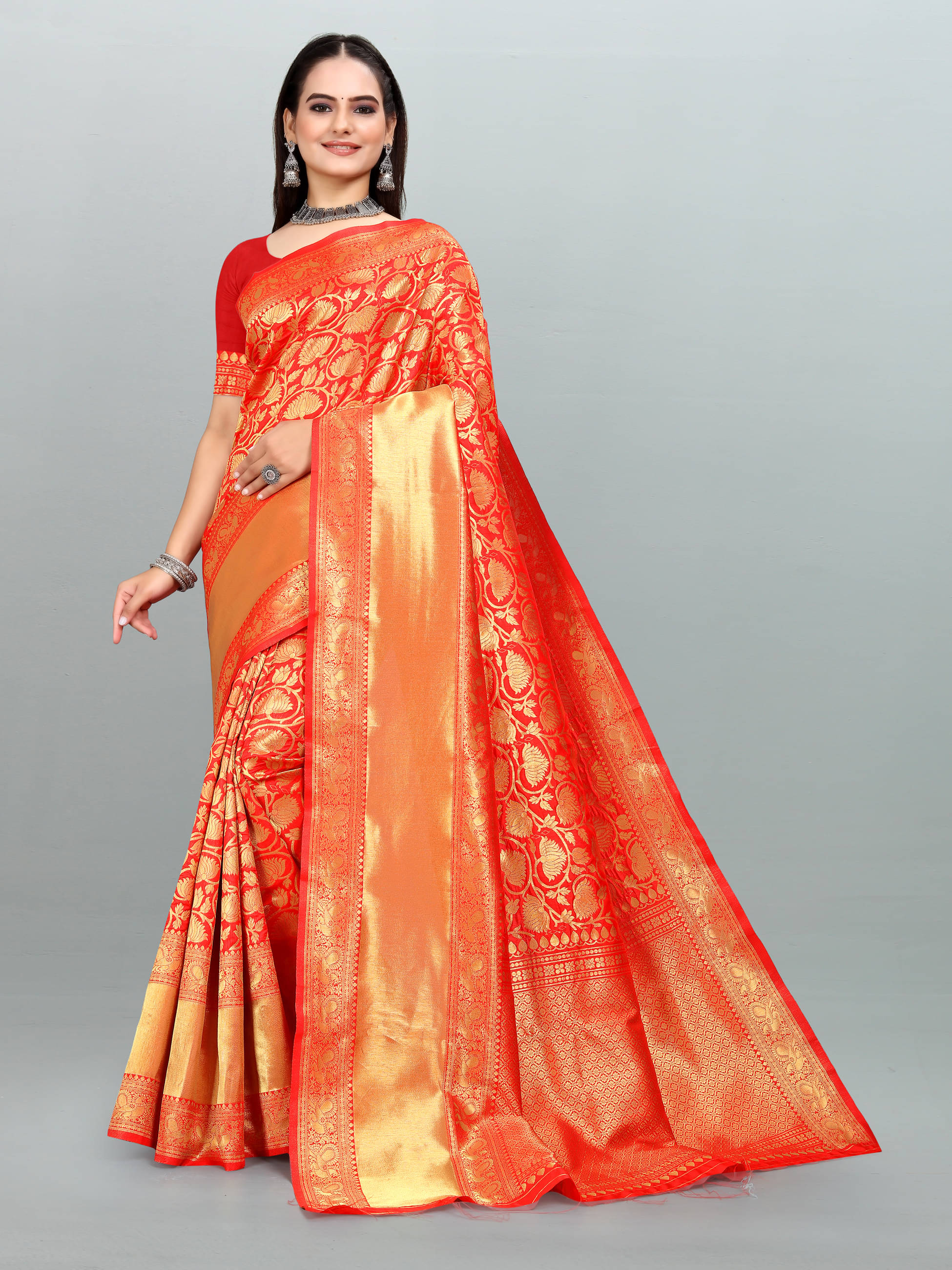 Om Shantam Sarees Banarasi Silk Embellished Saree With Unstitched Blouse Piece ( Red ) Om Shantam Sarees Banarasi Silk Embellished Saree With Unstitched Blouse Piece ( Red )