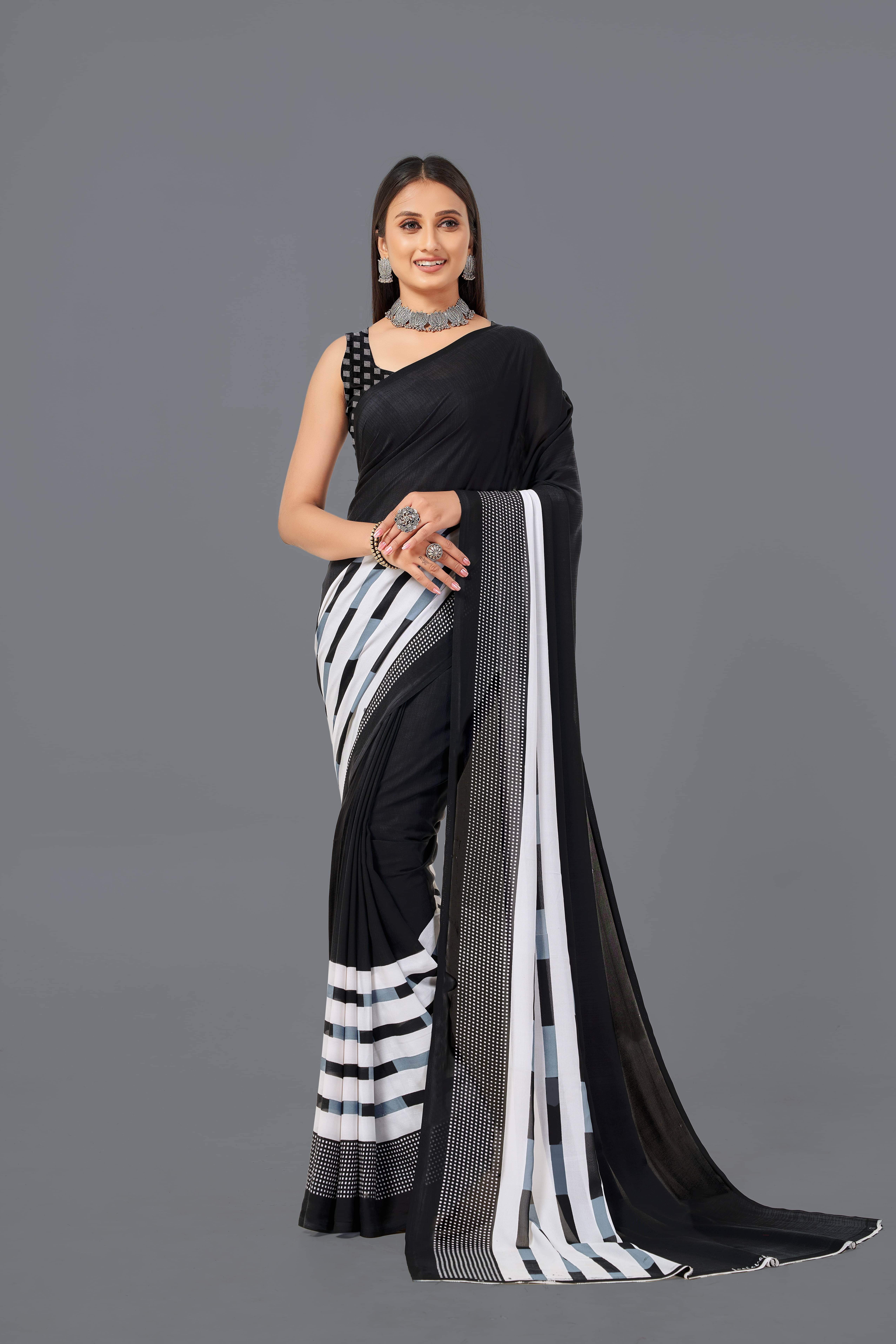LEELAVATI Georgette Printed Saree With Unstitched Blouse Piece ( Black ) LEELAVATI Georgette Printed Saree With Unstitched Blouse Piece ( Black )