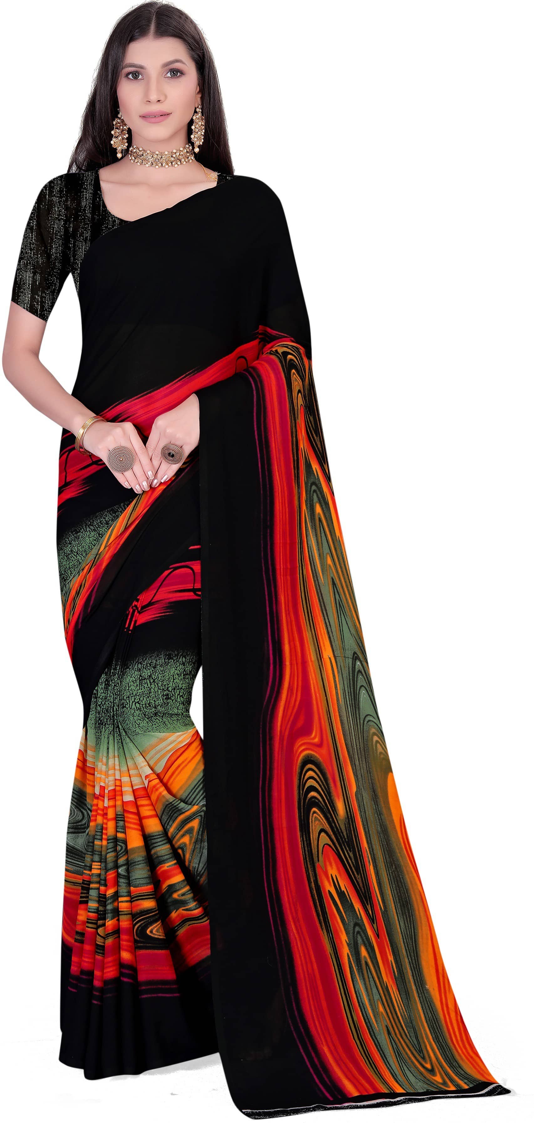 LEELAVATI Georgette Dyed Saree With Unstitched Blouse Piece ( Black ) - Sarees | Buy online on ZillyBuy