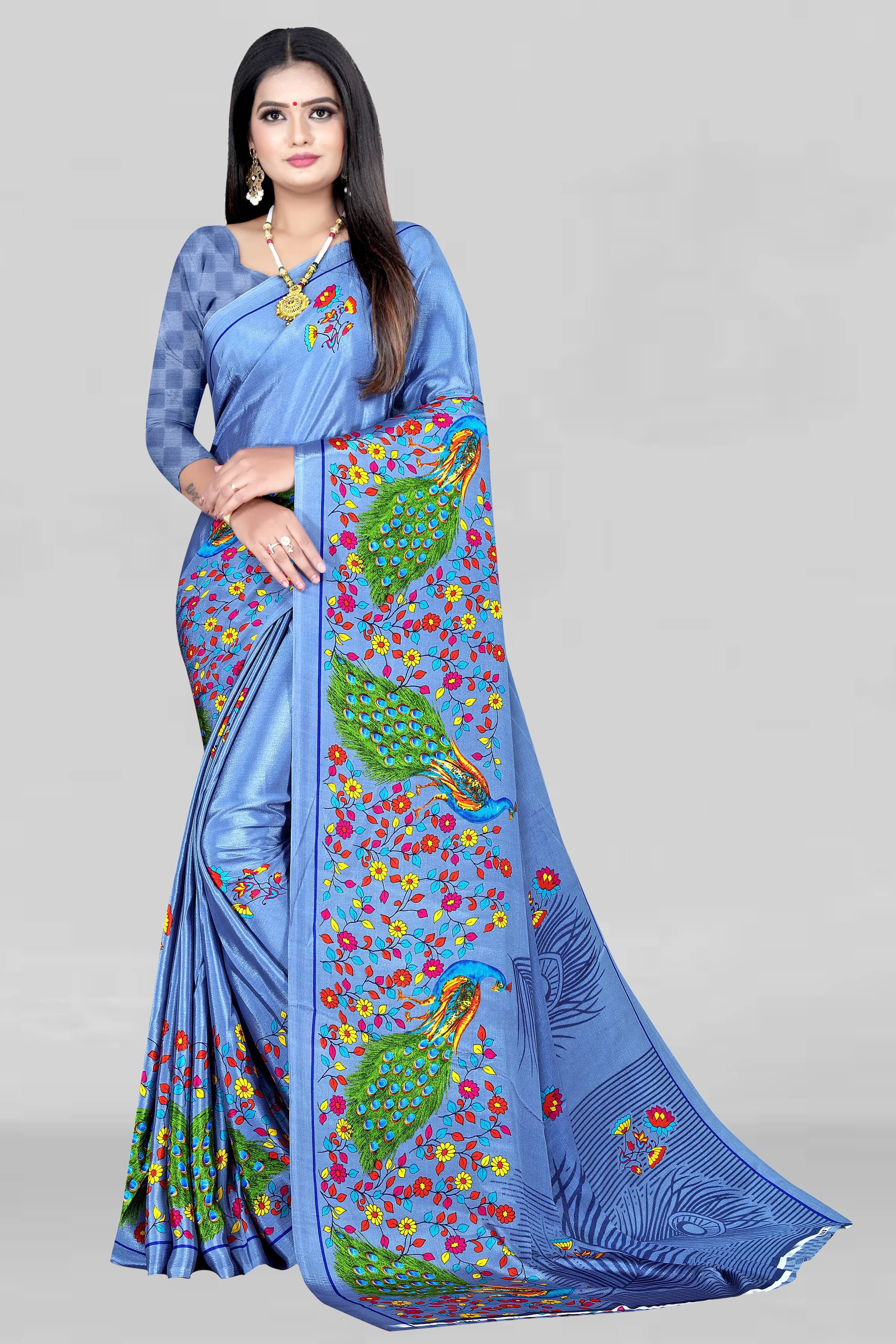 LEELAVATI Crepe Printed Saree With Unstitched Blouse Piece ( Blue ) LEELAVATI Crepe Printed Saree With Unstitched Blouse Piece ( Blue )