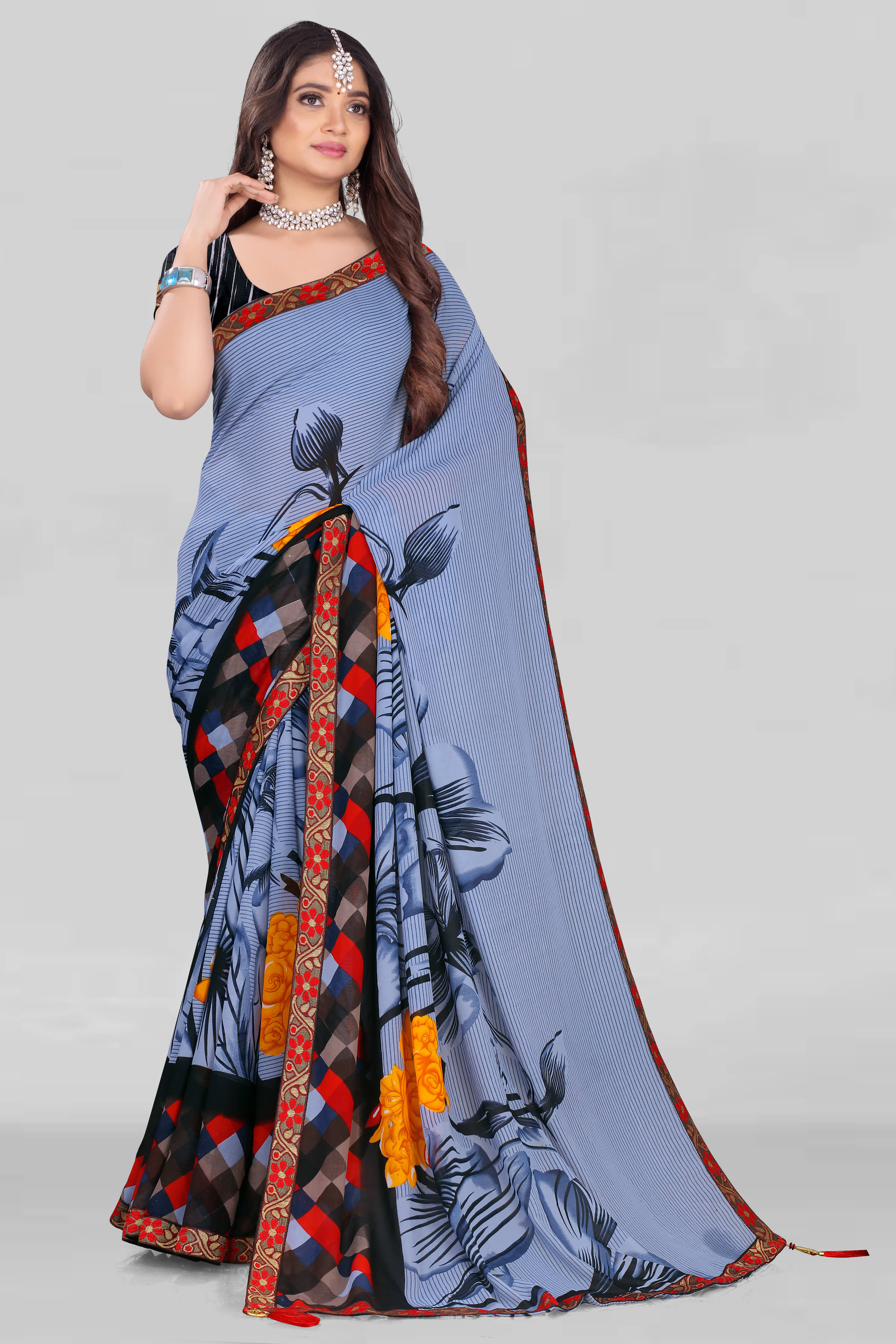 LEELAVATI Georgette Embroidered Saree With Unstitched Blouse Piece ( Blue ) LEELAVATI Georgette Embroidered Saree With Unstitched Blouse Piece ( Blue )