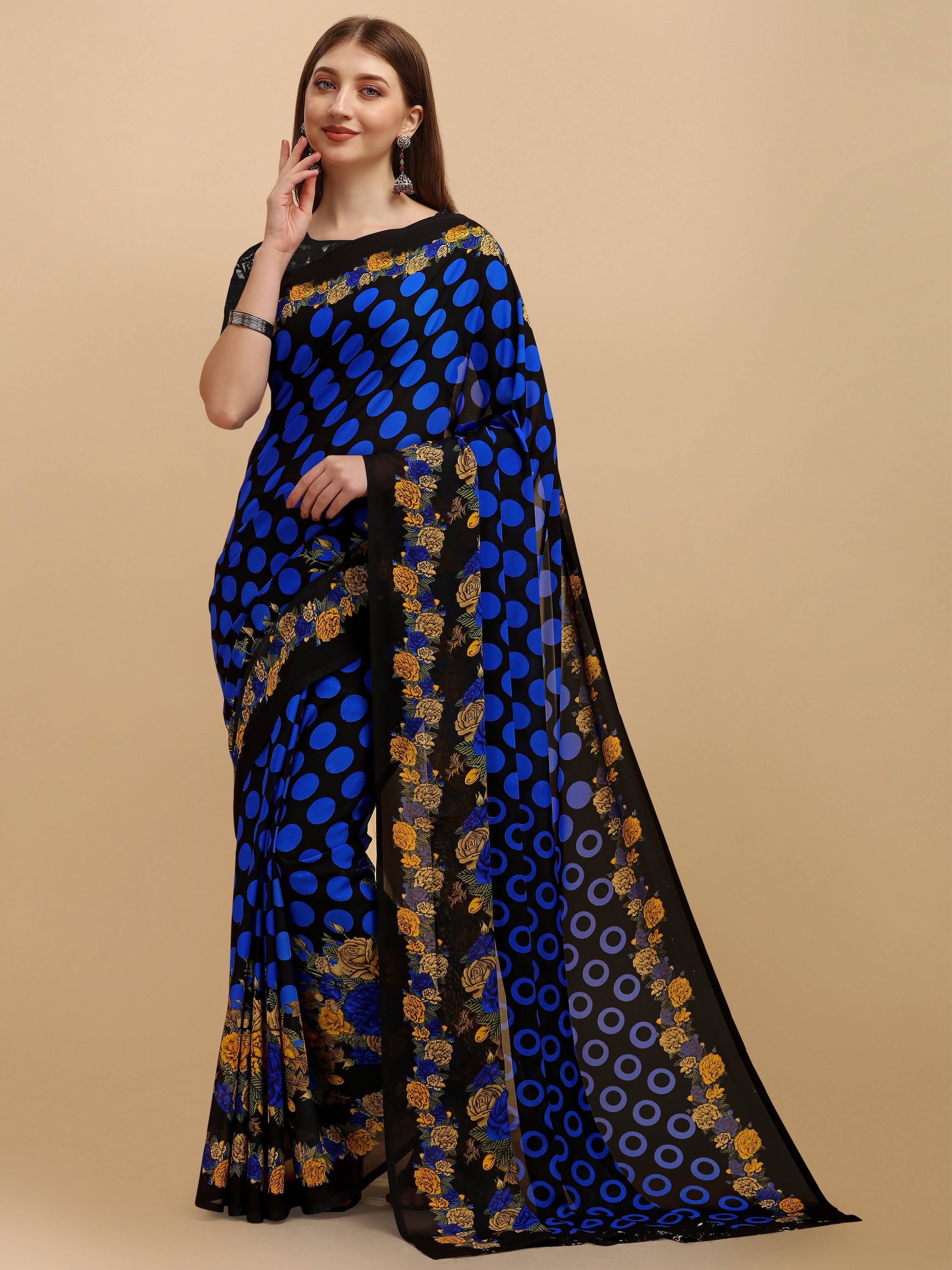 LEELAVATI Georgette Printed Saree With Unstitched Blouse Piece ( Blue ) - Sarees | Buy online on ZillyBuy