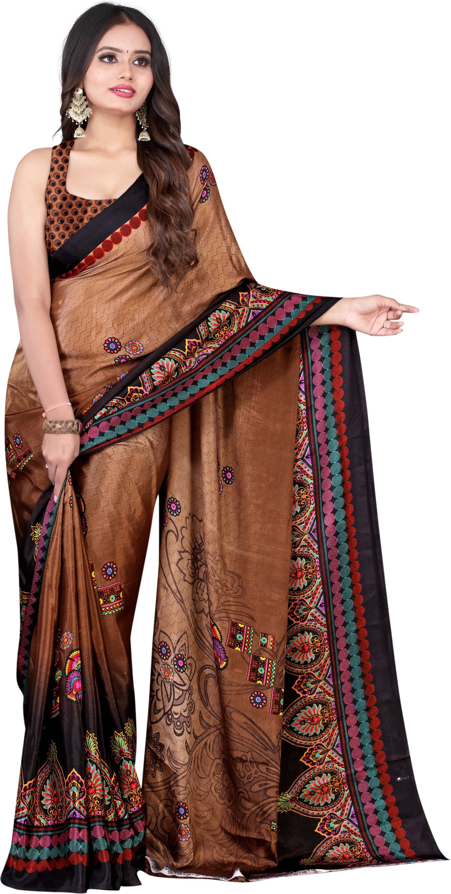     			LEELAVATI Crepe Printed Saree With Unstitched Blouse Piece ( Brown )