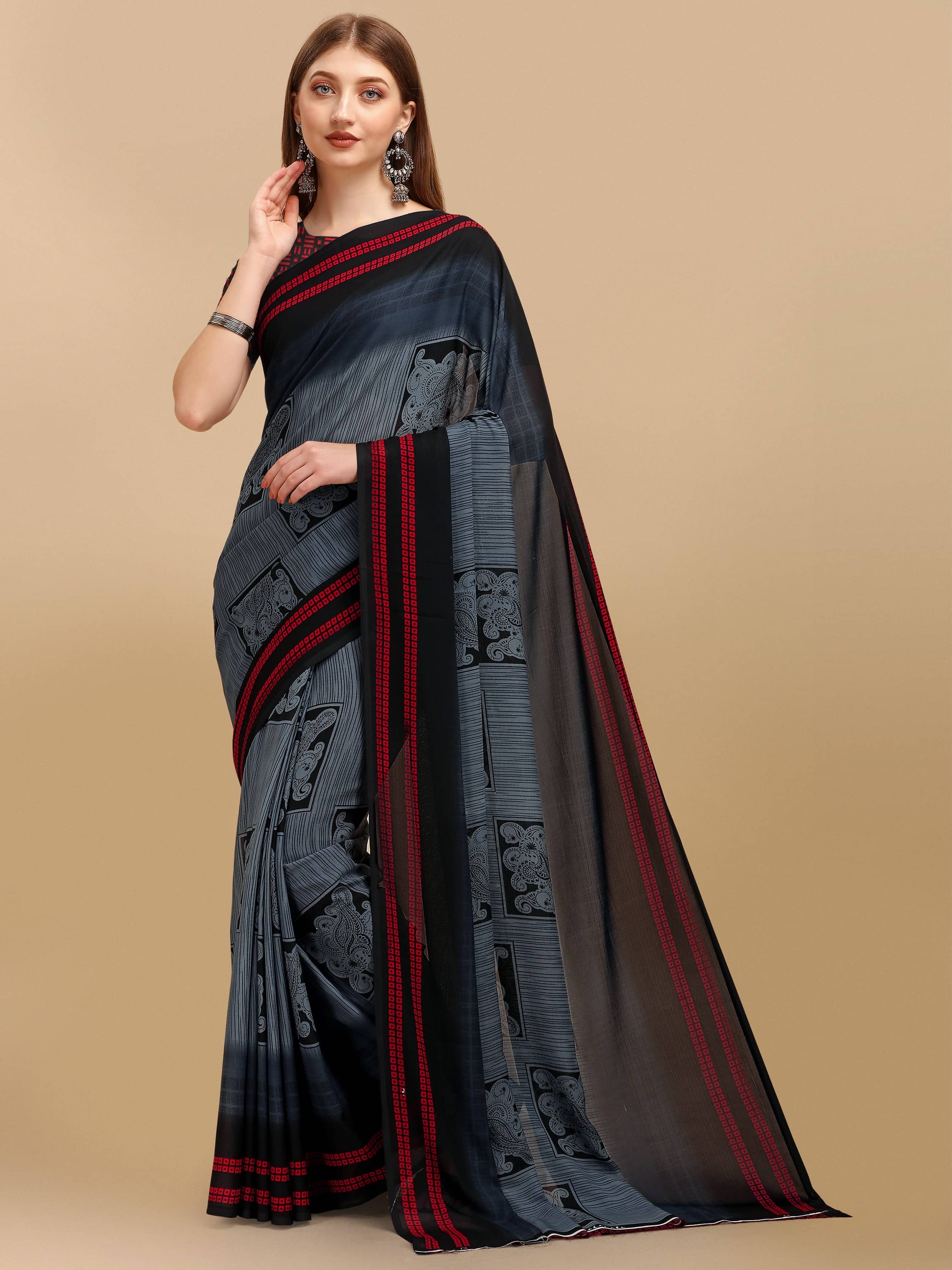 LEELAVATI Georgette Printed Saree With Unstitched Blouse Piece ( Grey ) - Sarees | Buy online on ZillyBuy