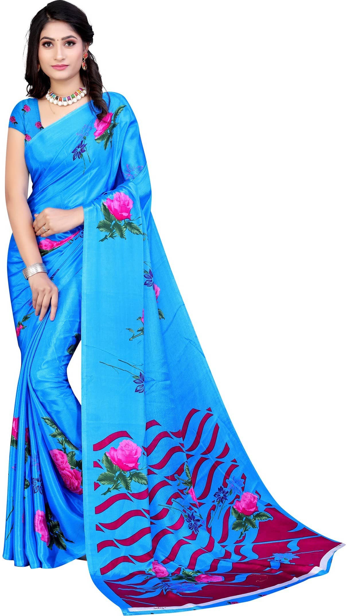 LEELAVATI Crepe Printed Saree With Unstitched Blouse Piece ( Light Blue )