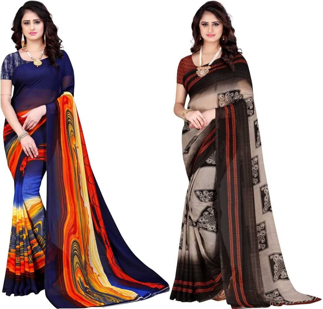 LEELAVATI Georgette Printed Saree With Unstitched Blouse Piece ( Multicolor ) - Sarees | Buy online on ZillyBuy
