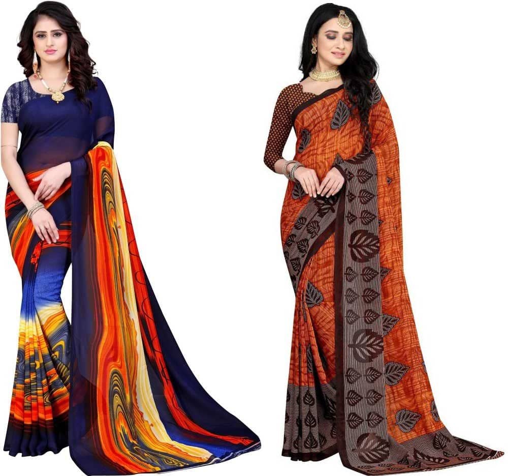 LEELAVATI Georgette Printed Saree With Unstitched Blouse Piece ( Multicolor ) - Sarees | Buy online on ZillyBuy