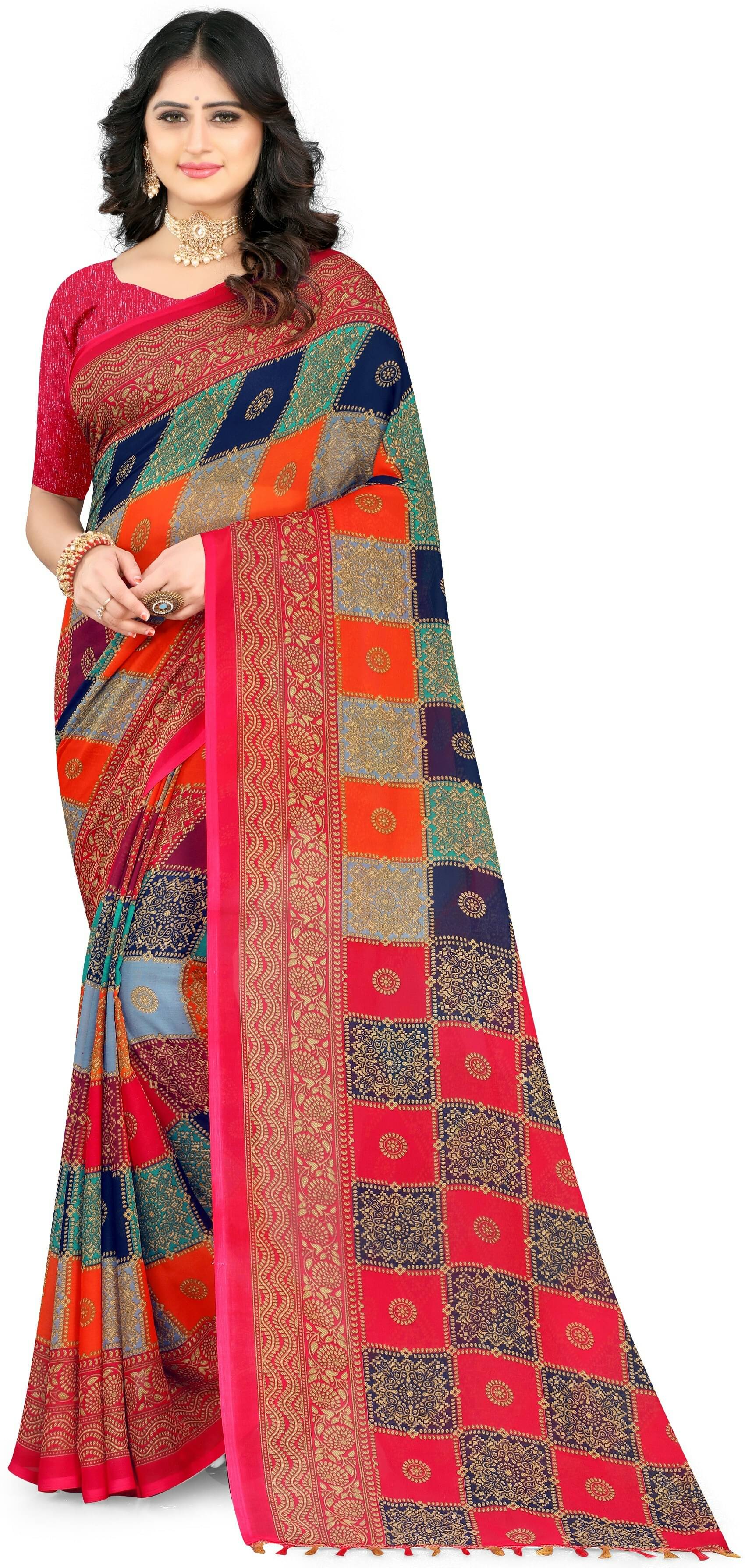 LEELAVATI Georgette Embroidered Saree With Unstitched Blouse Piece ( Multicolor ) LEELAVATI Georgette Embroidered Saree With Unstitched Blouse Piece ( Multicolor )