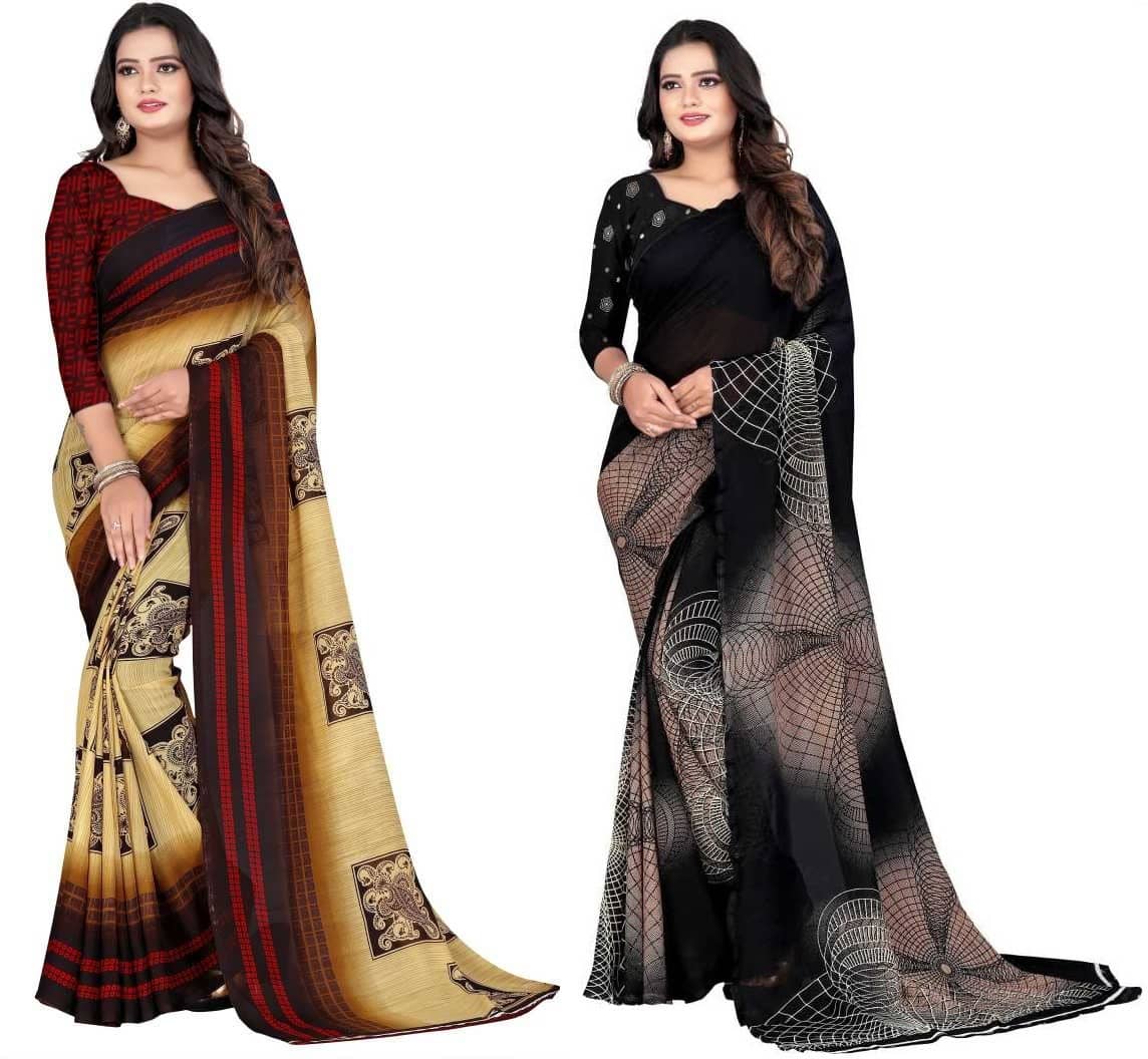 LEELAVATI Georgette Printed Saree With Unstitched Blouse Piece ( Multicolor ) - Sarees | Buy online on ZillyBuy