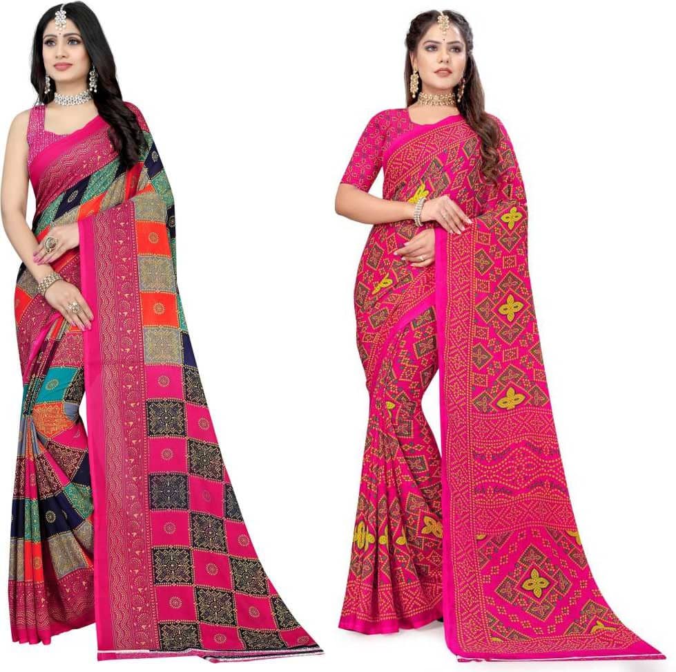 LEELAVATI Georgette Printed Saree With Unstitched Blouse Piece ( Multicolor ) - Sarees | Buy online on ZillyBuy
