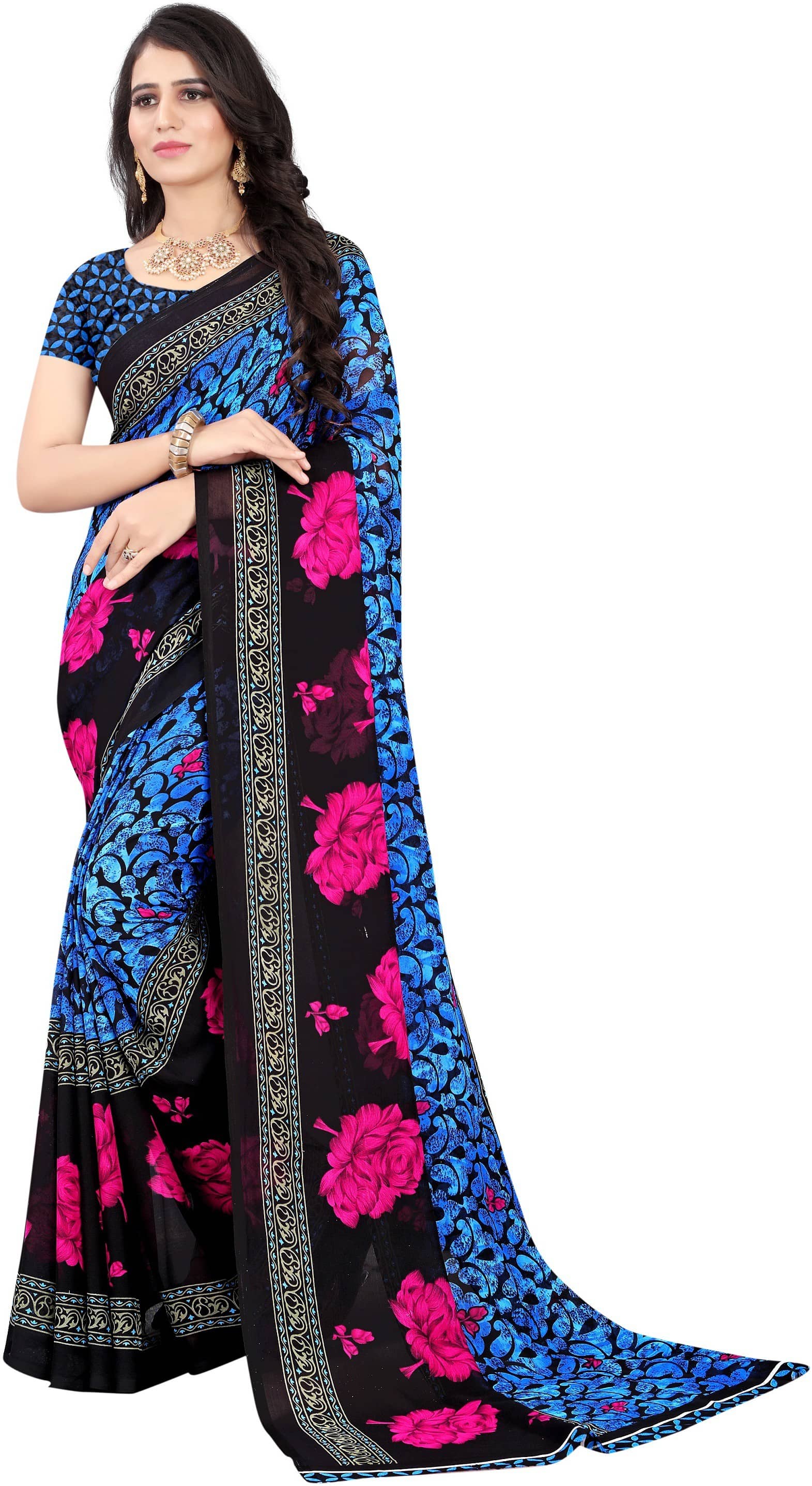 LEELAVATI Georgette Printed Saree With Unstitched Blouse Piece ( Multicolor ) - Sarees | Buy online on ZillyBuy