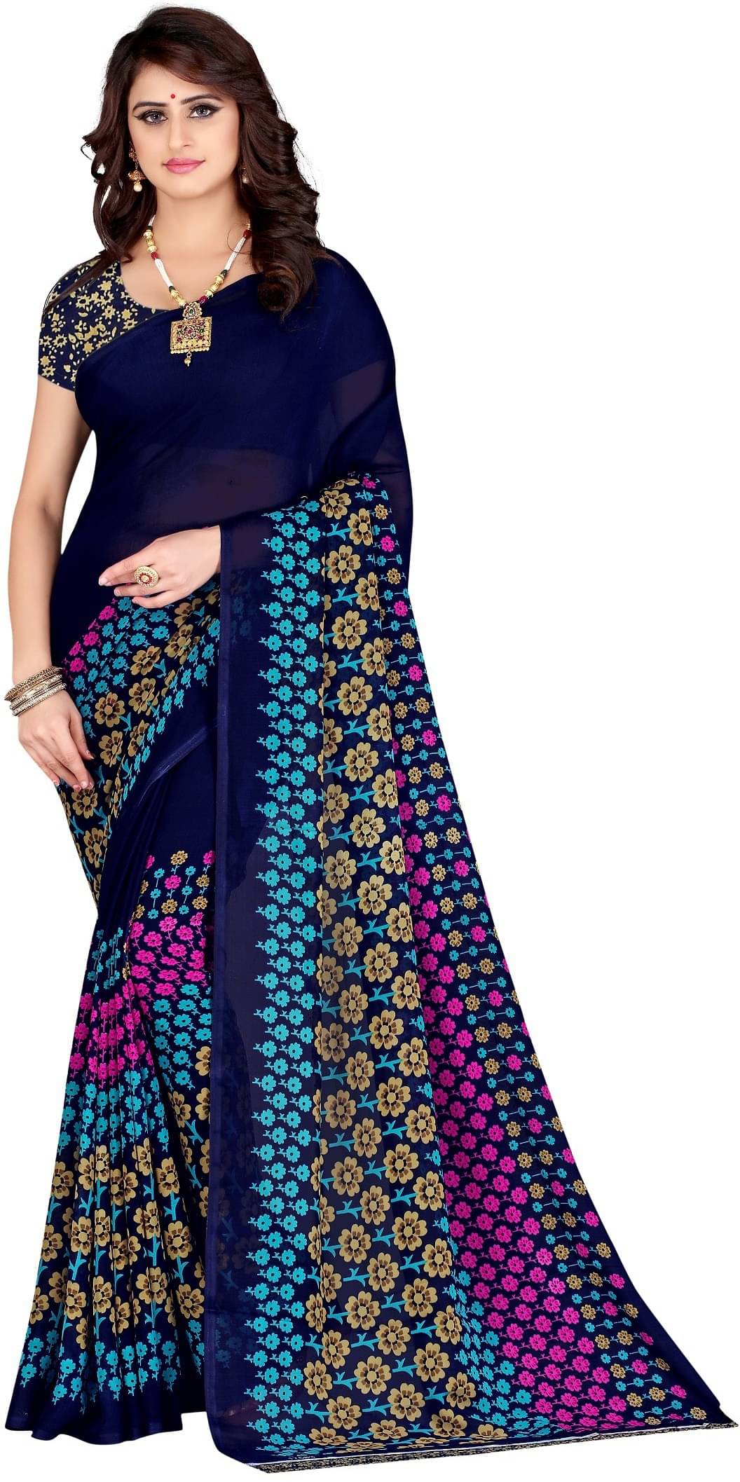 LEELAVATI Georgette Printed Saree With Unstitched Blouse Piece ( Navy Blue ) LEELAVATI Georgette Printed Saree With Unstitched Blouse Piece ( Navy Blue )