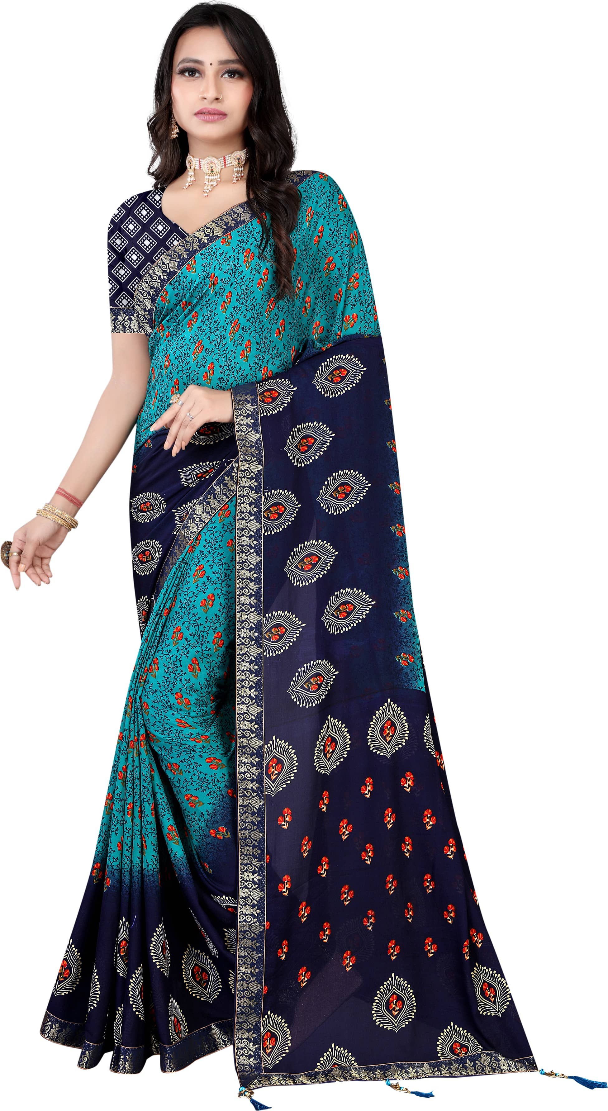LEELAVATI Georgette Embroidered Saree With Unstitched Blouse Piece ( Navy Blue ) - Sarees | Buy online on ZillyBuy