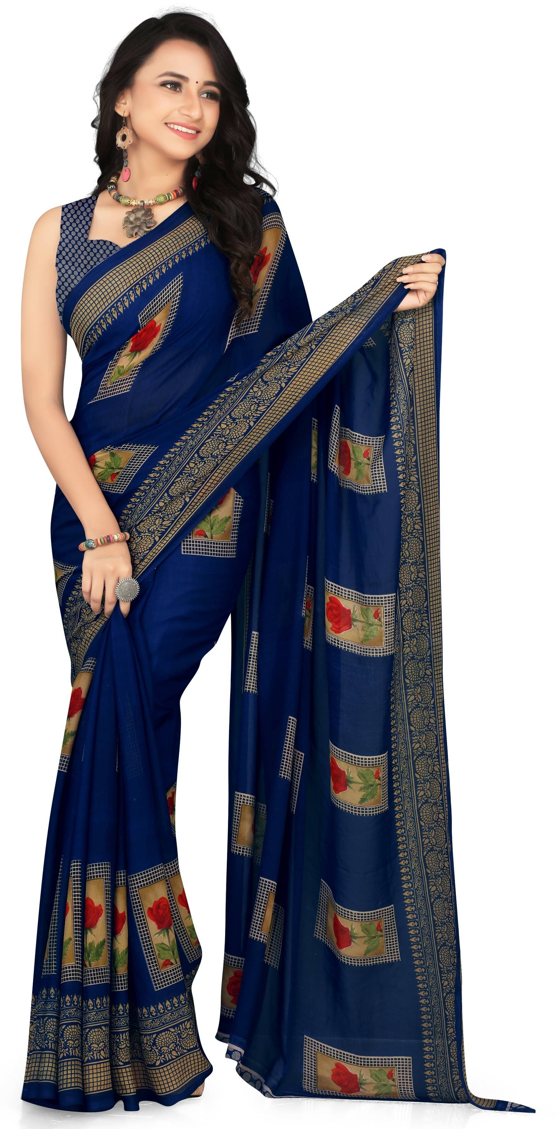     			LEELAVATI Georgette Printed Saree With Unstitched Blouse Piece ( Navy Blue )