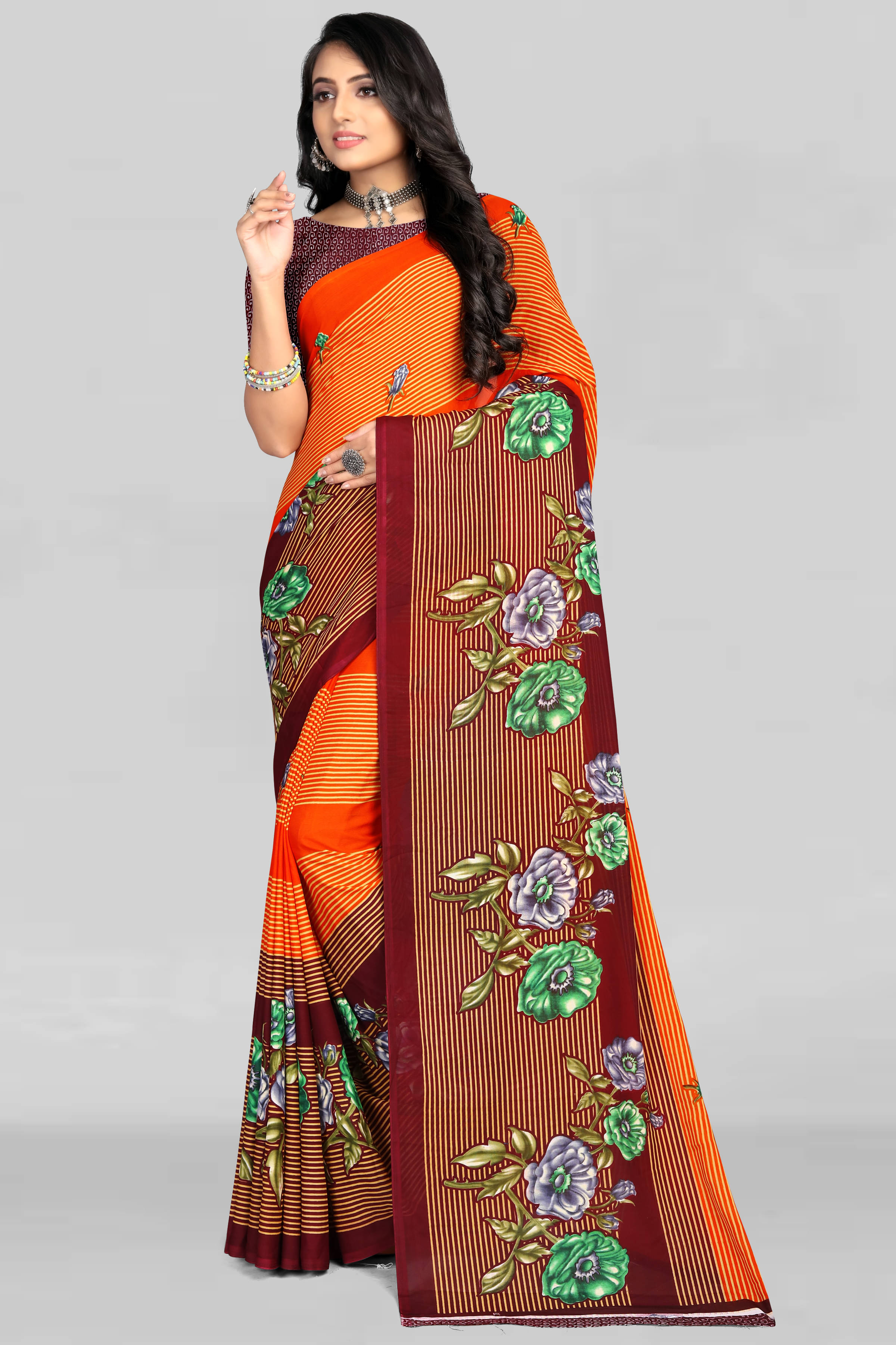 LEELAVATI Georgette Printed Saree With Unstitched Blouse Piece ( Orange ) LEELAVATI Georgette Printed Saree With Unstitched Blouse Piece ( Orange )