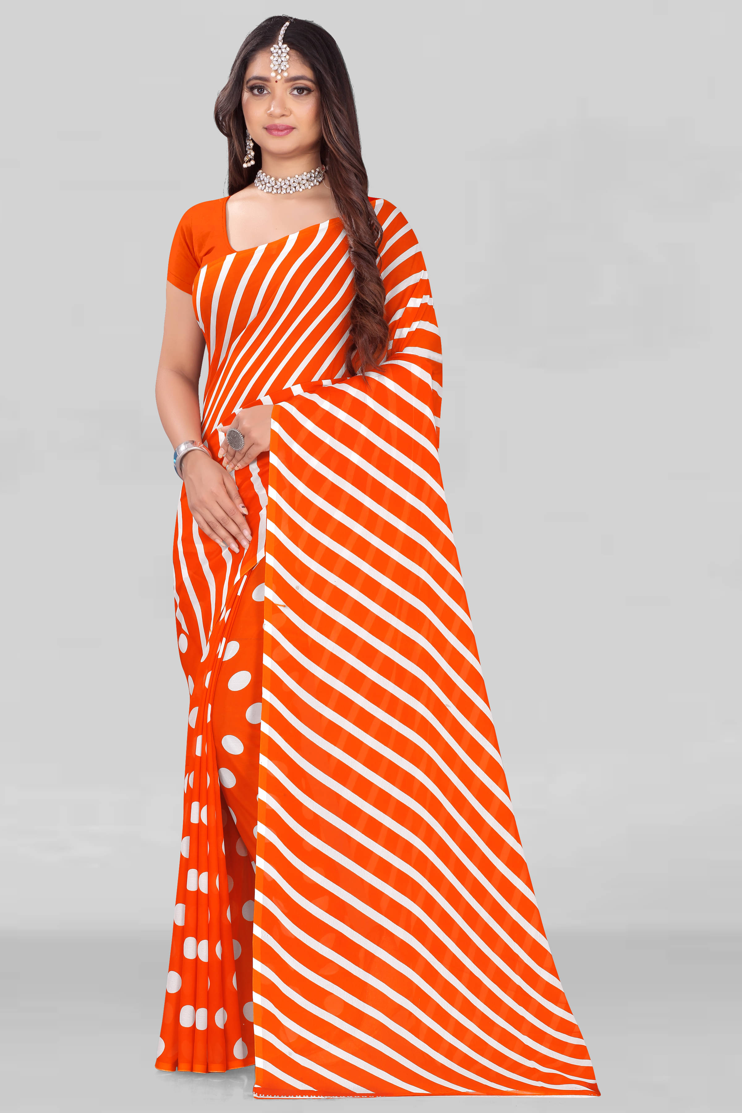     			LEELAVATI Georgette Printed Saree With Unstitched Blouse Piece ( Orange )