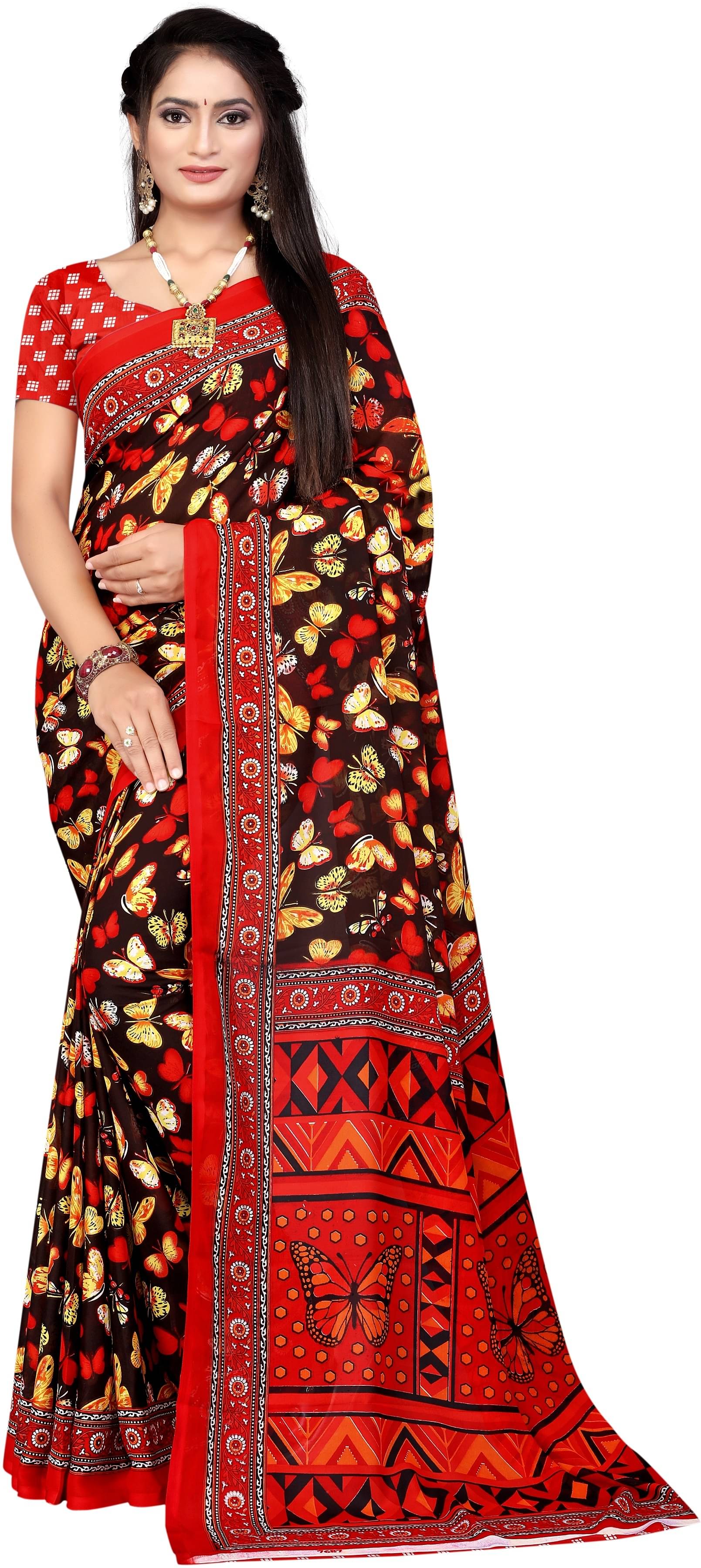     			LEELAVATI Crepe Printed Saree With Unstitched Blouse Piece ( Red )