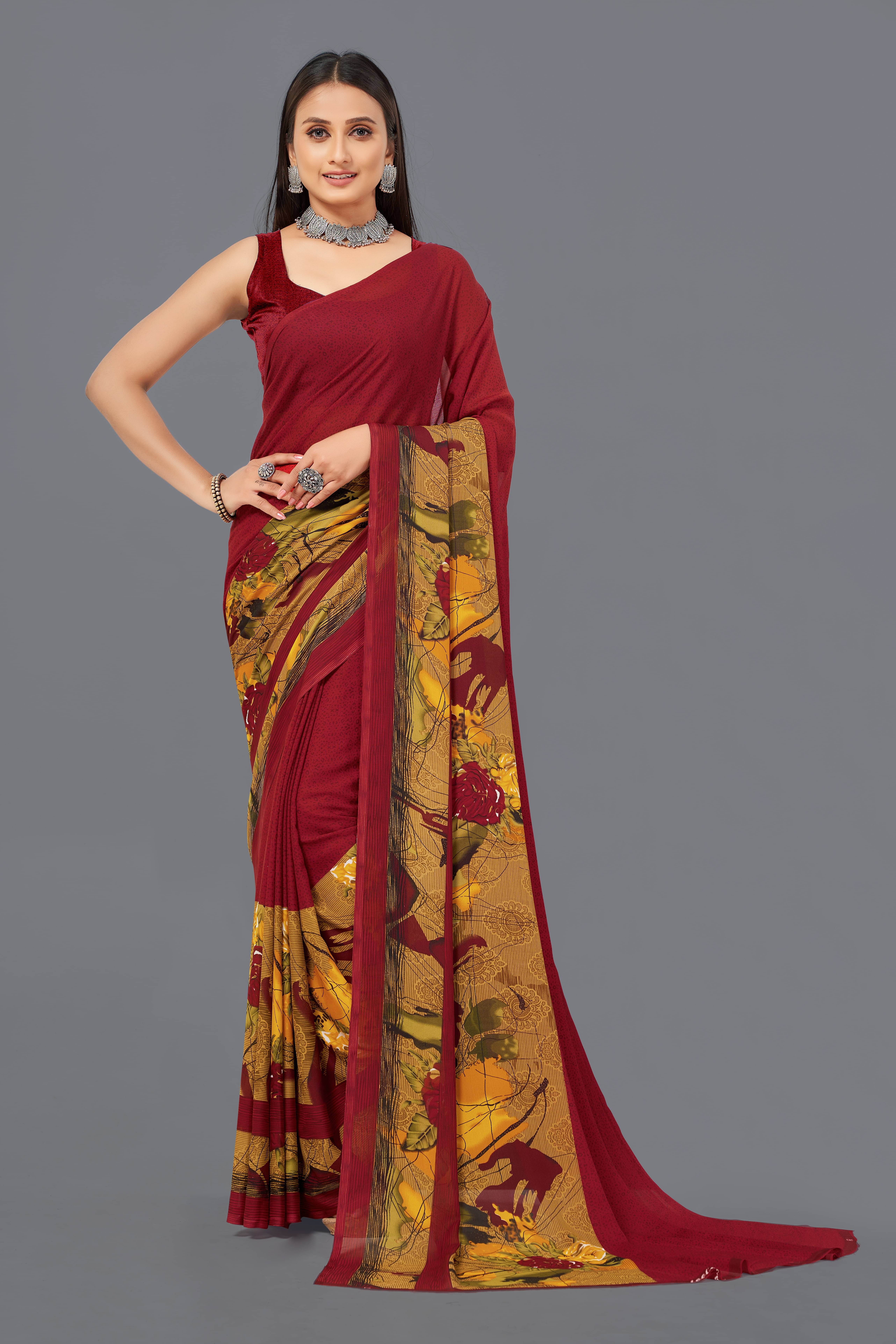LEELAVATI Georgette Printed Saree With Unstitched Blouse Piece ( Red ) LEELAVATI Georgette Printed Saree With Unstitched Blouse Piece ( Red )