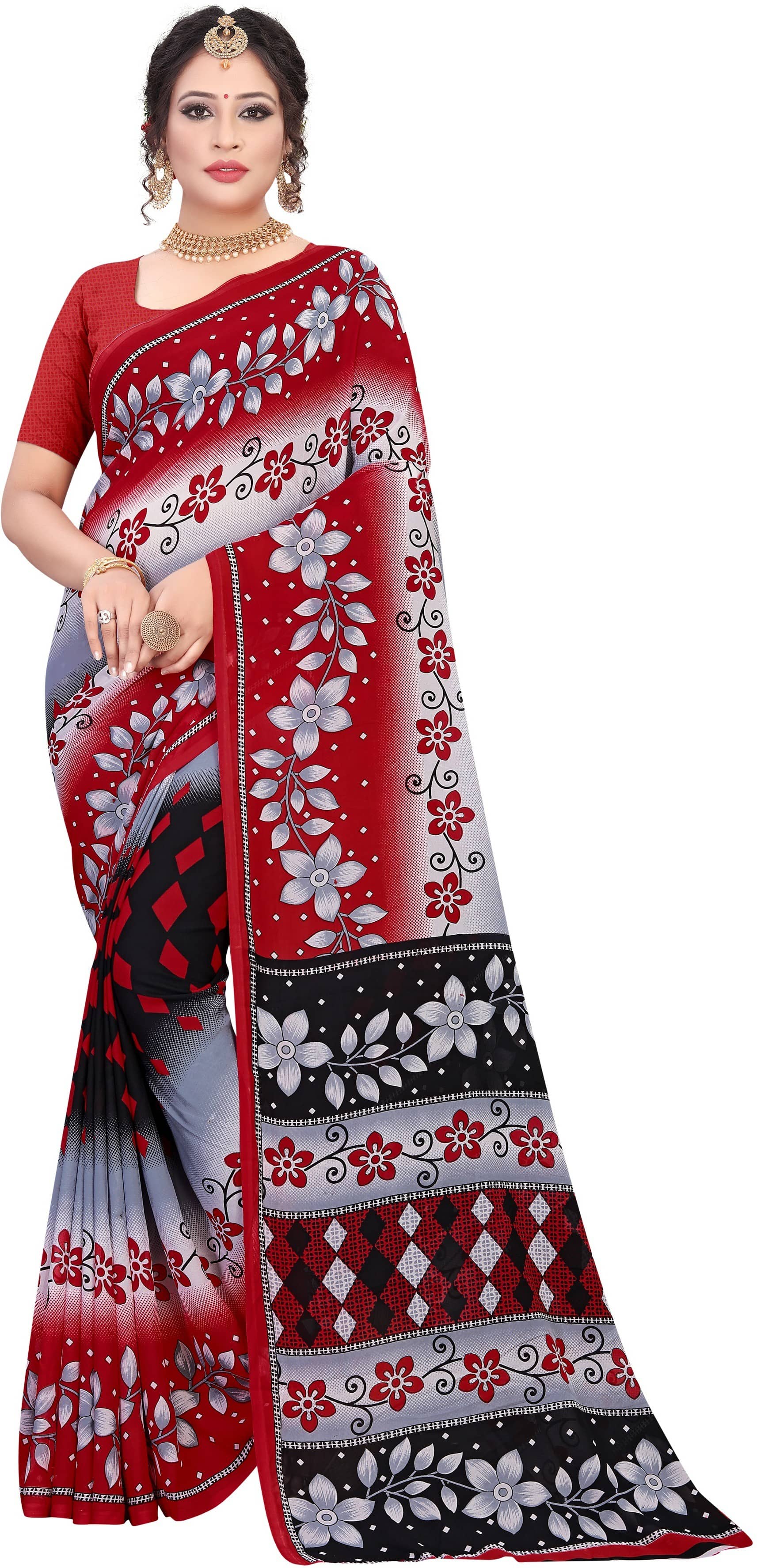 LEELAVATI Georgette Printed Saree With Unstitched Blouse Piece ( Red )