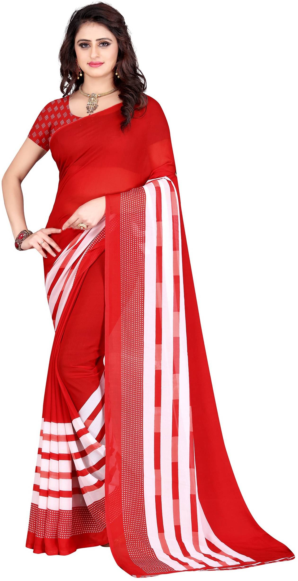 LEELAVATI Georgette Printed Saree With Unstitched Blouse Piece ( Red ) LEELAVATI Georgette Printed Saree With Unstitched Blouse Piece ( Red )